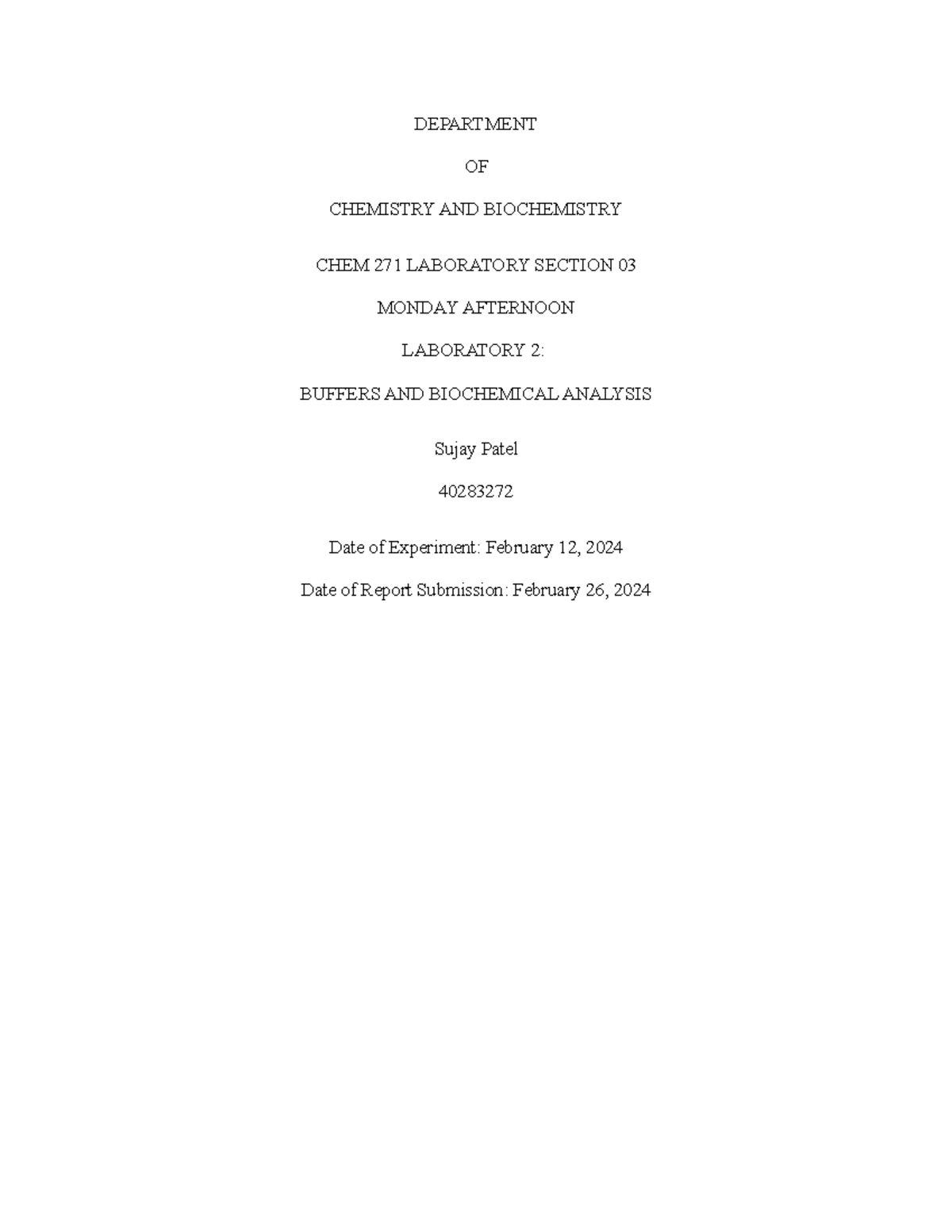 Lab 2 - DEPARTMENT OF CHEMISTRY AND BIOCHEMISTRY CHEM 271 LABORATORY ...