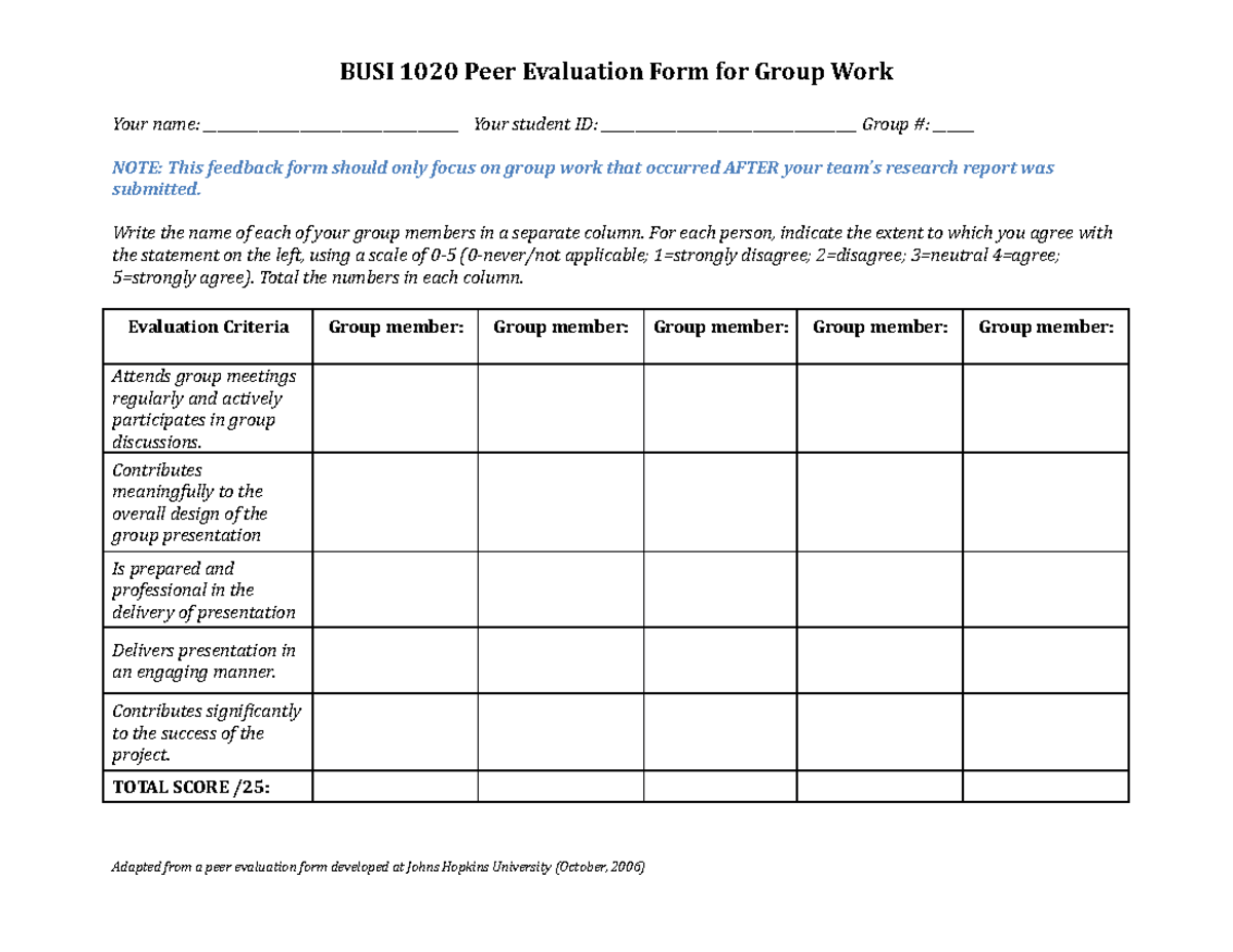 BUSI 1020 Peer Evaluation 2 - W22 - BUSI 1020 Peer Evaluation Form for ...