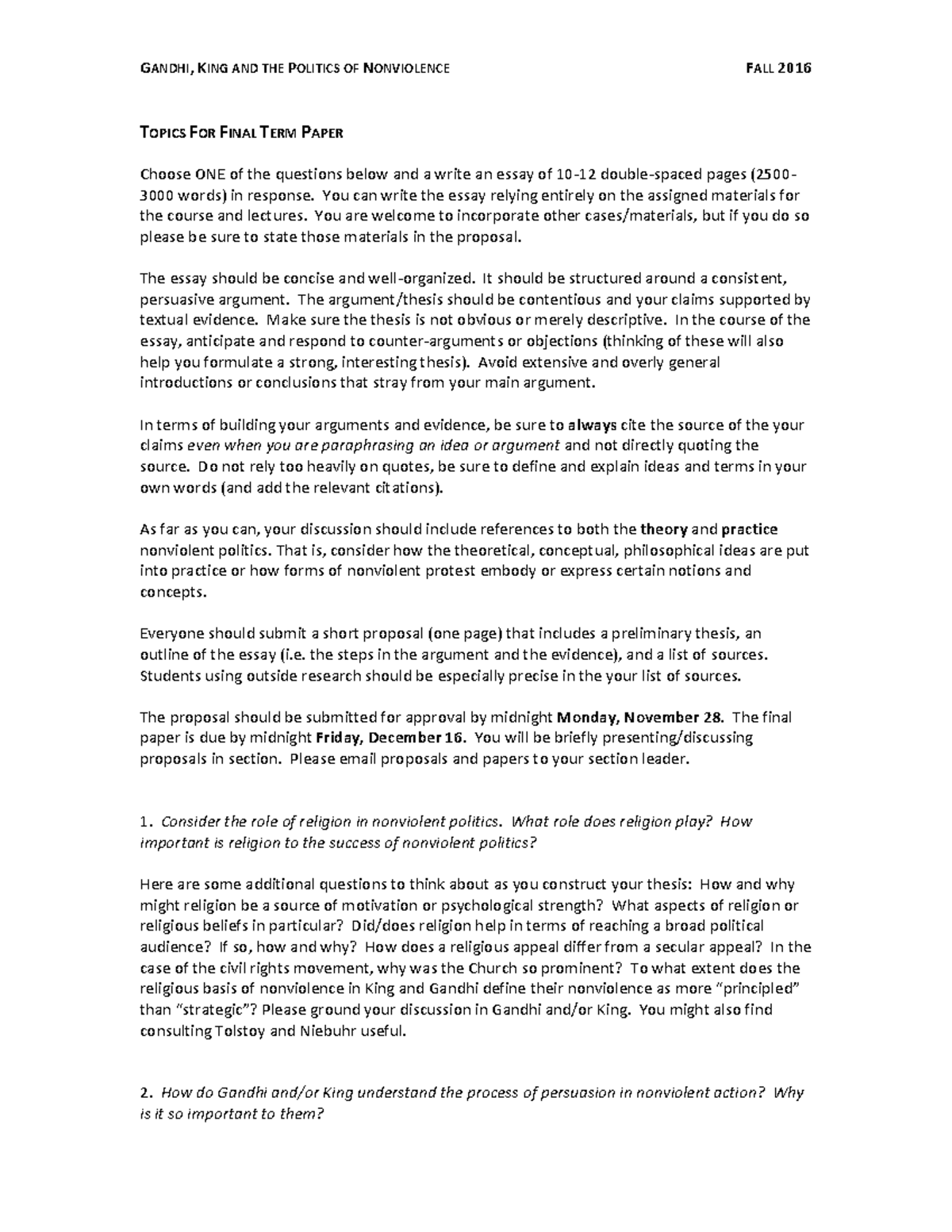 Final Paper Topics GANDHI KING AND THE POLITICS OF NONVIOLENCE 