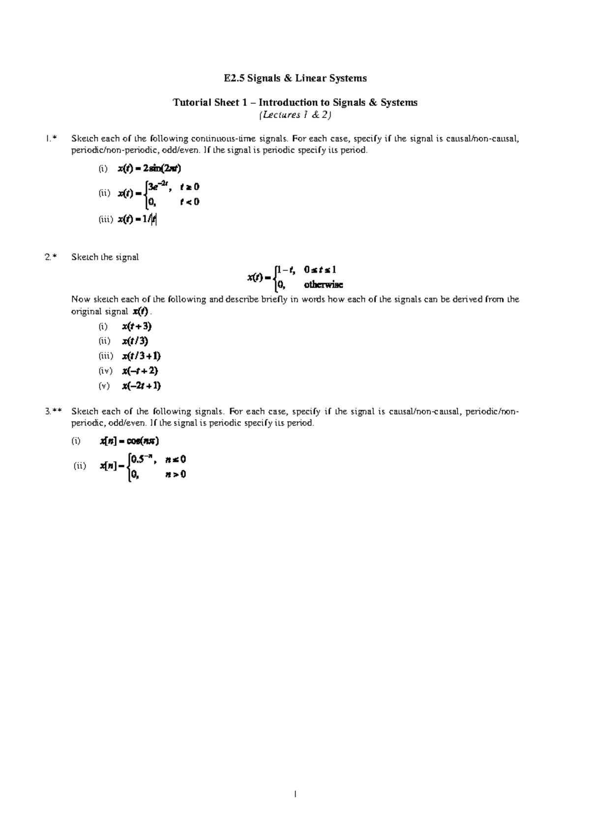 Tutorial 1 - Signals & Systems - 11 E2 Signals & Linear Systems ...