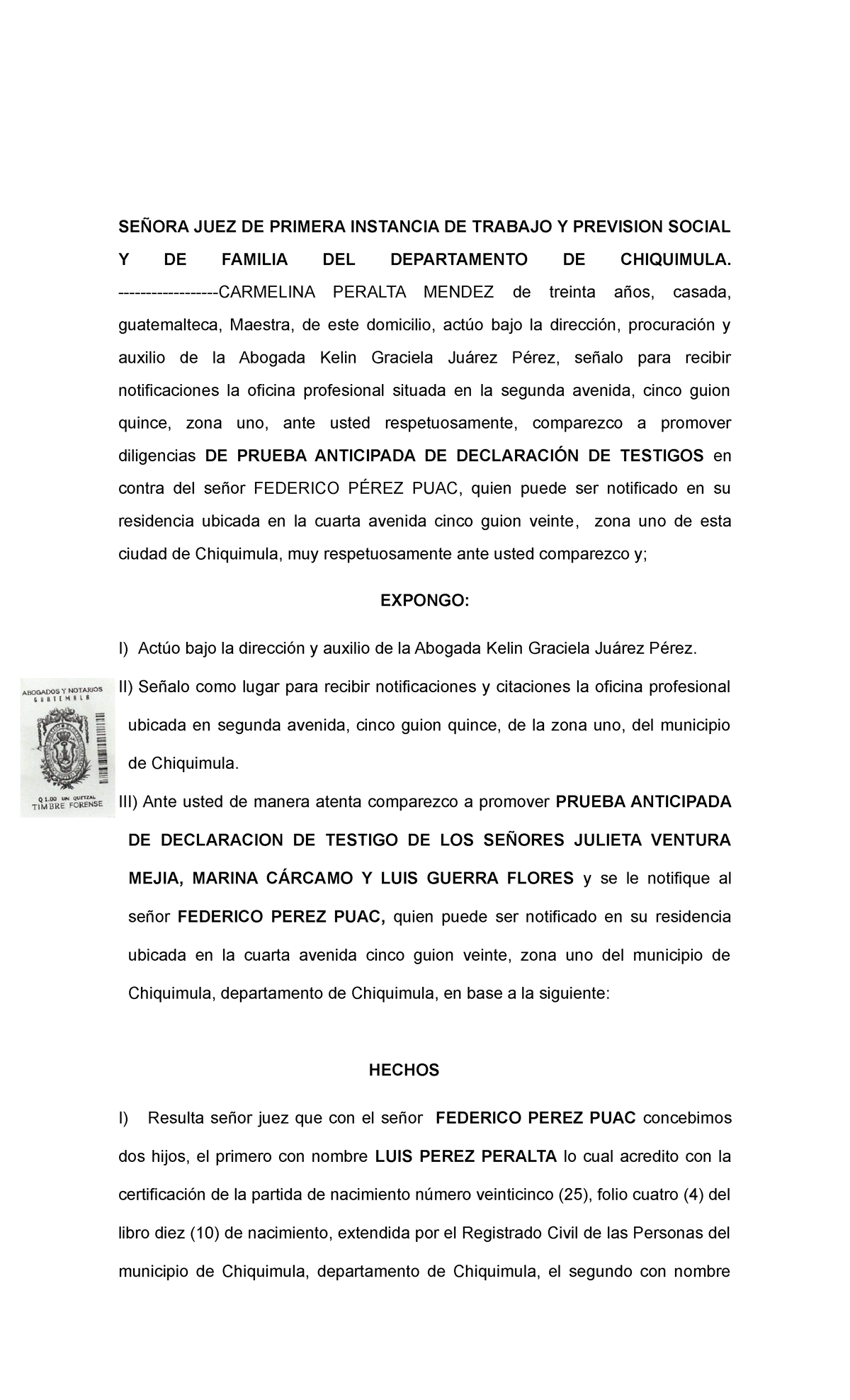 Memorial Solicitando La Prueba Anticipada De Declaración De Testigos SeÑora Juez De Primera 8467