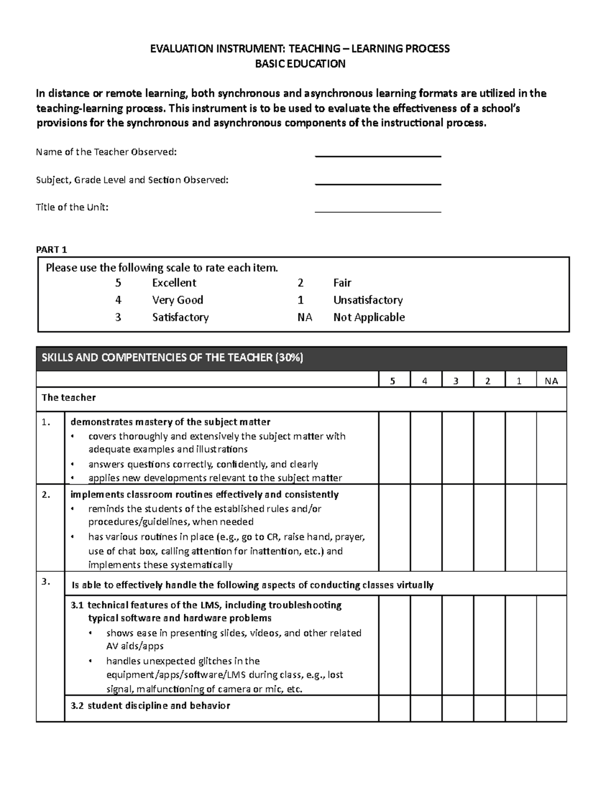 PaascuObservationTool EVALUATION INSTRUMENT TEACHING LEARNING