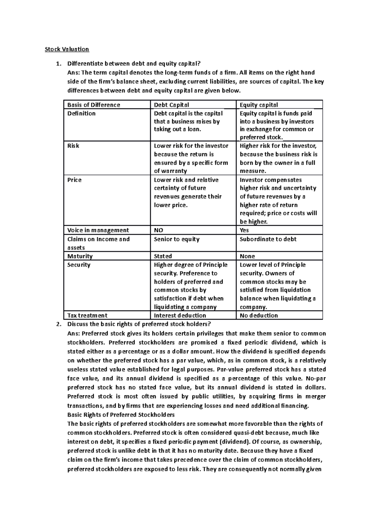 stock valuation assignment