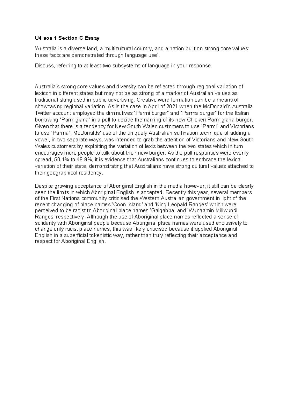 U4aos1 practice essay - U4 aos 1 Section C Essay ‘Australia is a ...
