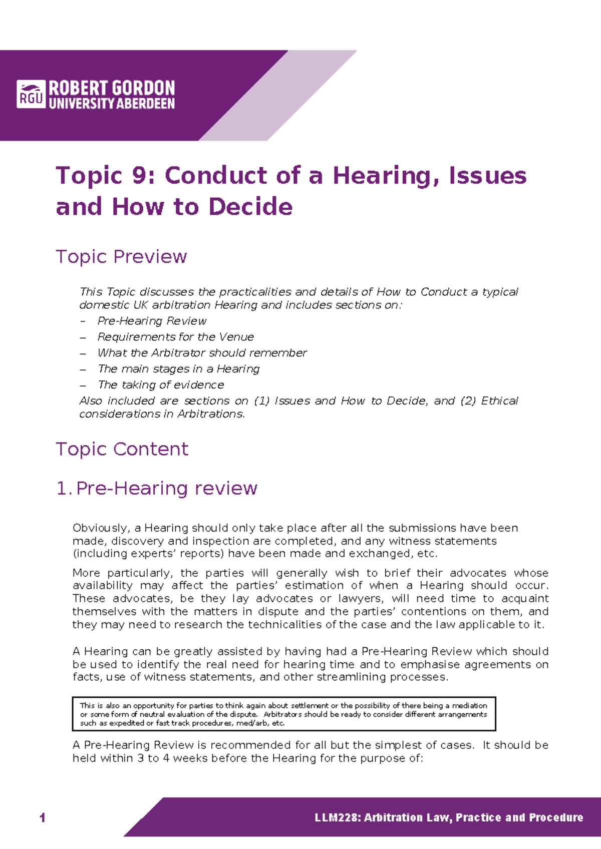 topic 9 Arbitration Practice Procedur - Topic 9: Conduct of a Hearing ...