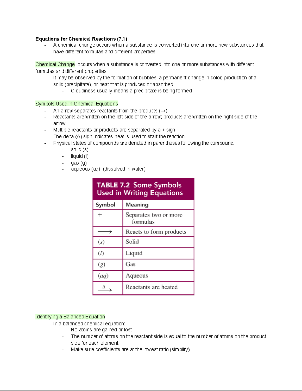 Chapter 7 Lecture Notes - Equations for Chemical Reactions (7) - A ...