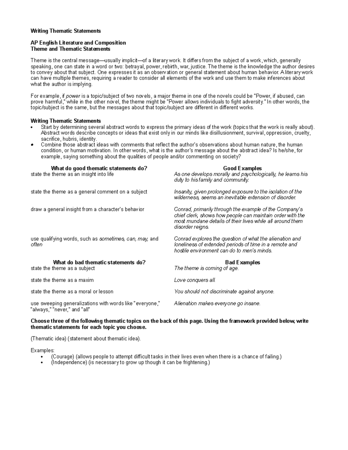 Bowen Writing Thematic Statements - Writing Thematic Statements AP ...