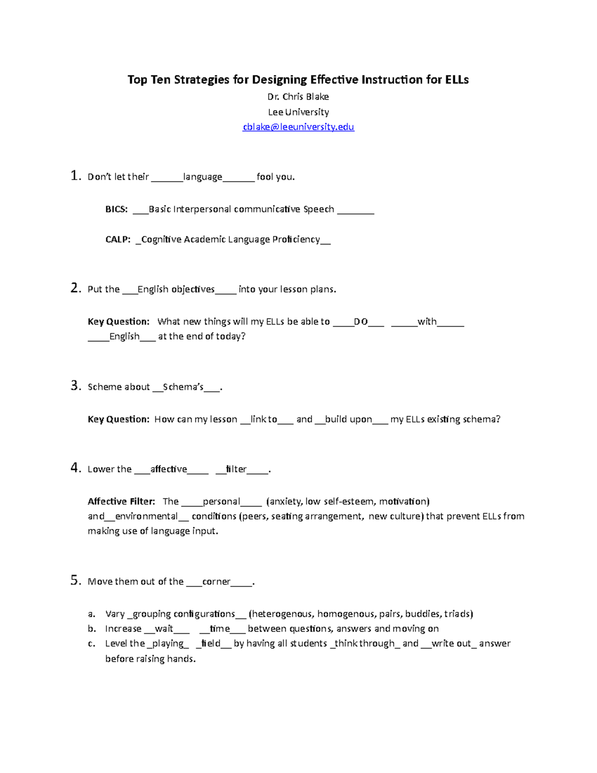 Lecture Handout - Top Ten Strategies for ELLs - Top Ten Strategies for ...