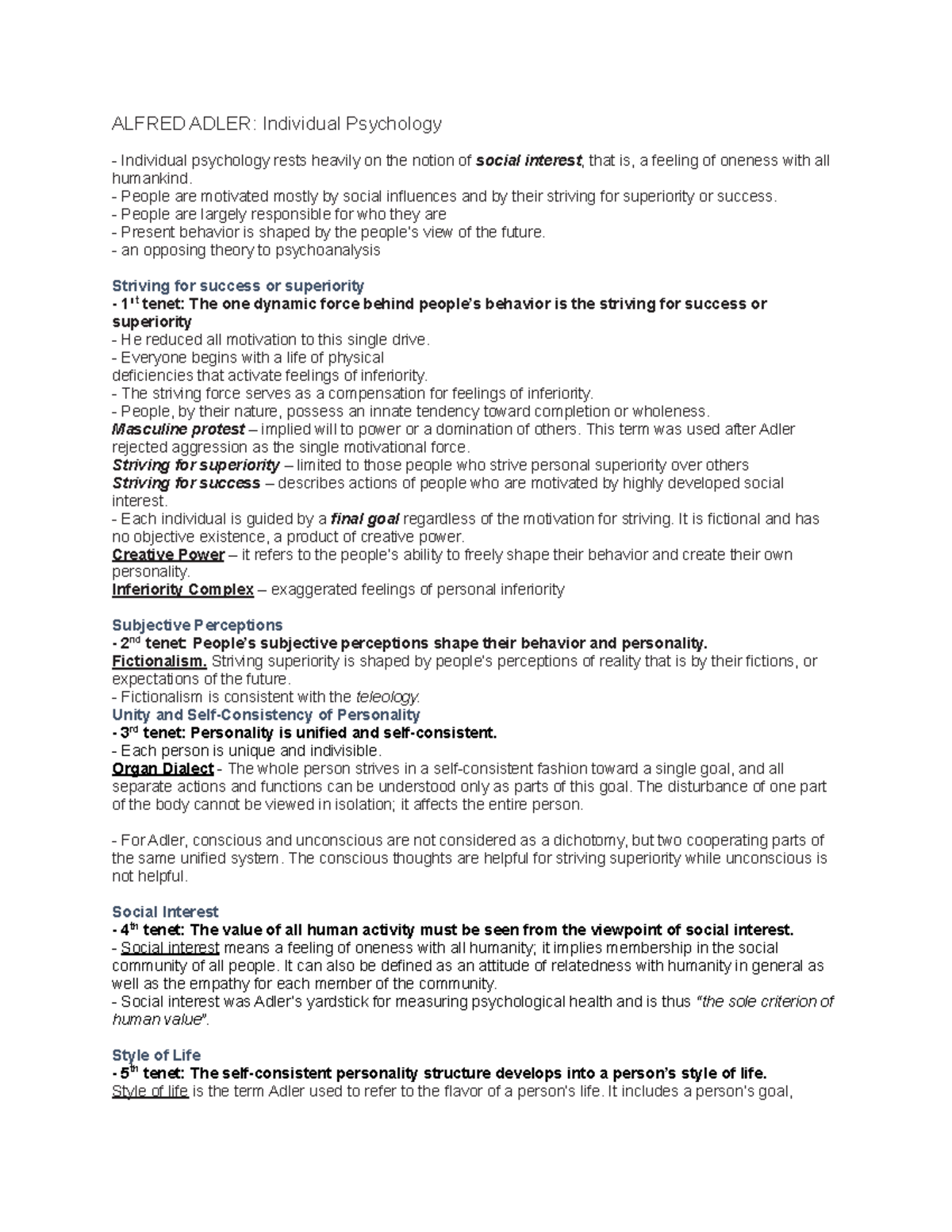 Adler Summary Notes 1 - ALFRED ADLER: Individual Psychology Individual ...