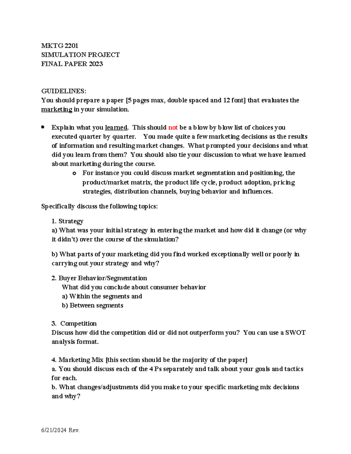 2201 Sim Reflection Paper 2023-1 - MKTG 2201 SIMULATION PROJECT FINAL ...