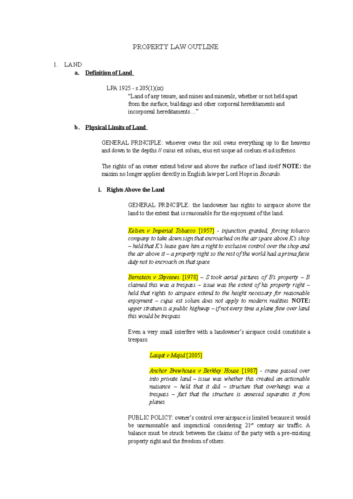 Property LAW Outline PROPERTY LAW OUTLINE 1. LAND a. Definition of Land LPA 1925 s(1)(ix) of