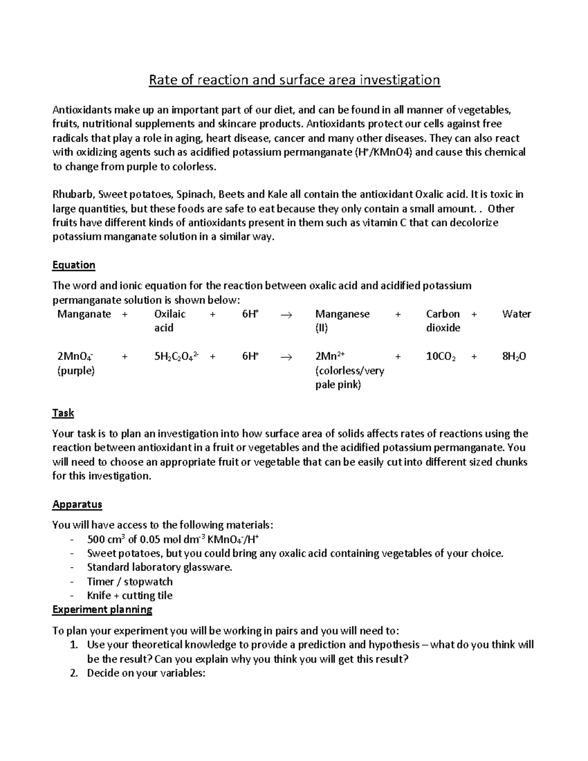 Kinetics surface area investigation 2021 - Rate of reaction and surface ...
