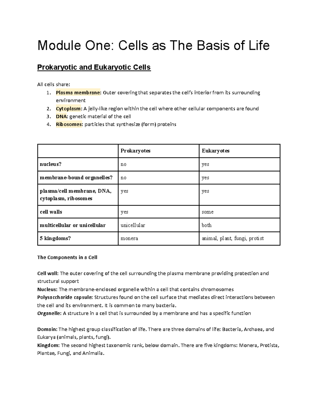 Biology Module 1 2023 - Module One: Cells as The Basis of Life ...