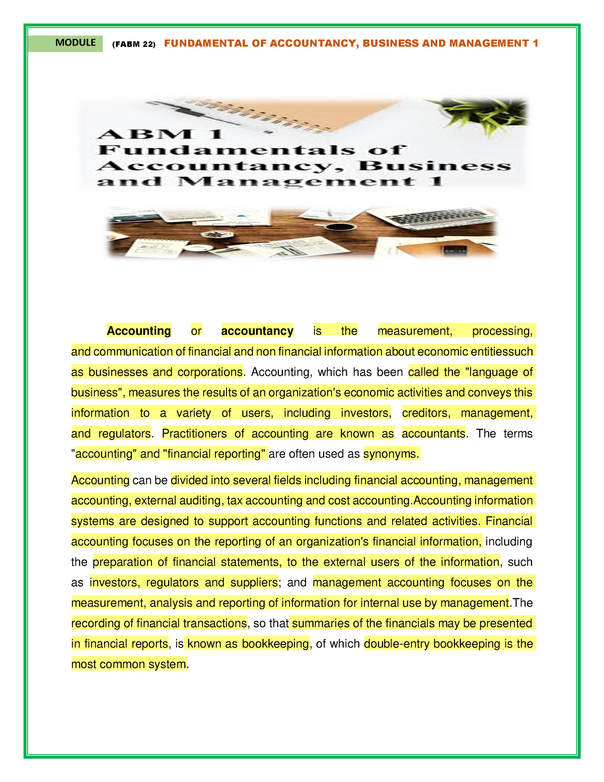 Chapter 1 Accounting AND ITS Environment - (FABM 22) FUNDAMENTAL OF ACCOUNTANCY, BUSINESS AND ...