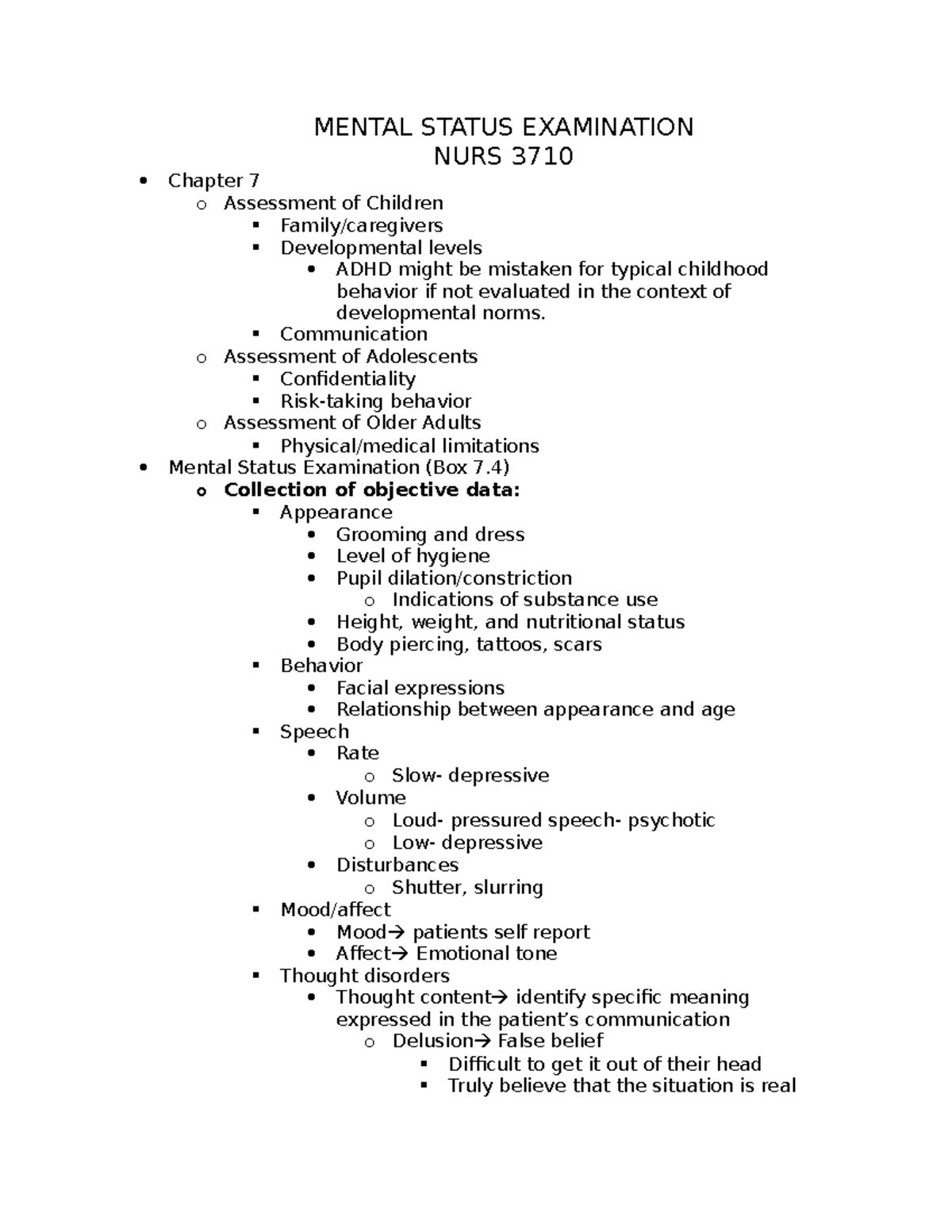 Mental Status Examination - MENTAL STATUS EXAMINATION NURS 3710 Chapter ...
