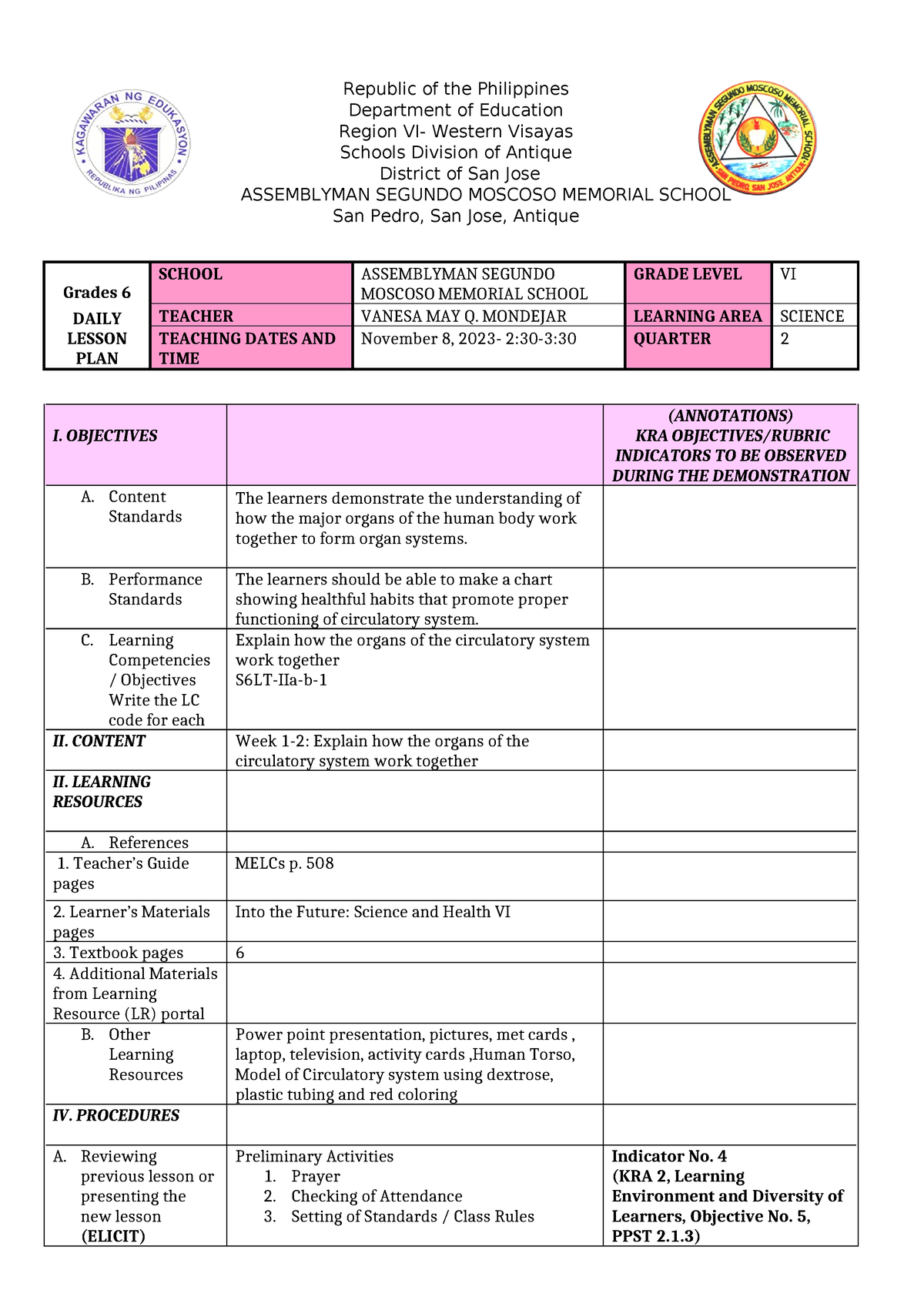 Cot Lesson Plan Demo 2nd Quarter Republic Of The Philippines Department Of Education Region 0772