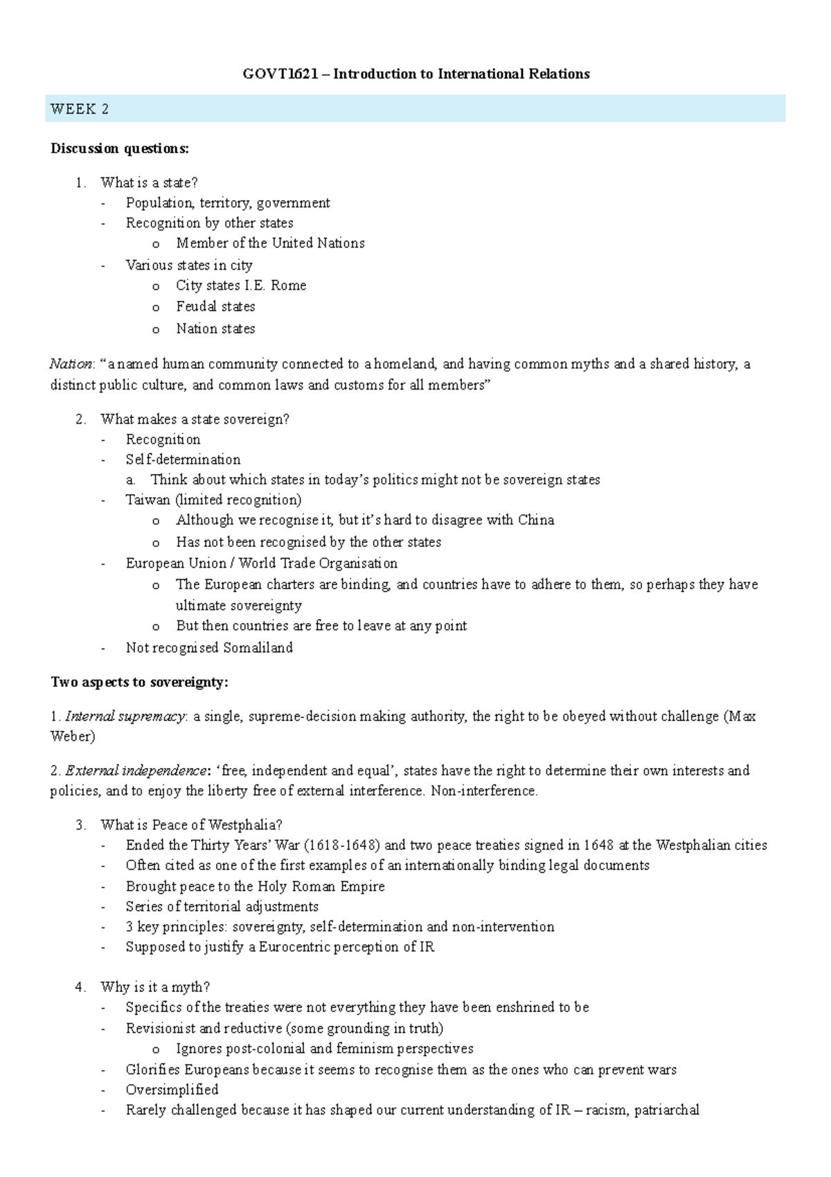 GOVT1621 tutorial notes - GOVT1621 – Introduction to International ...