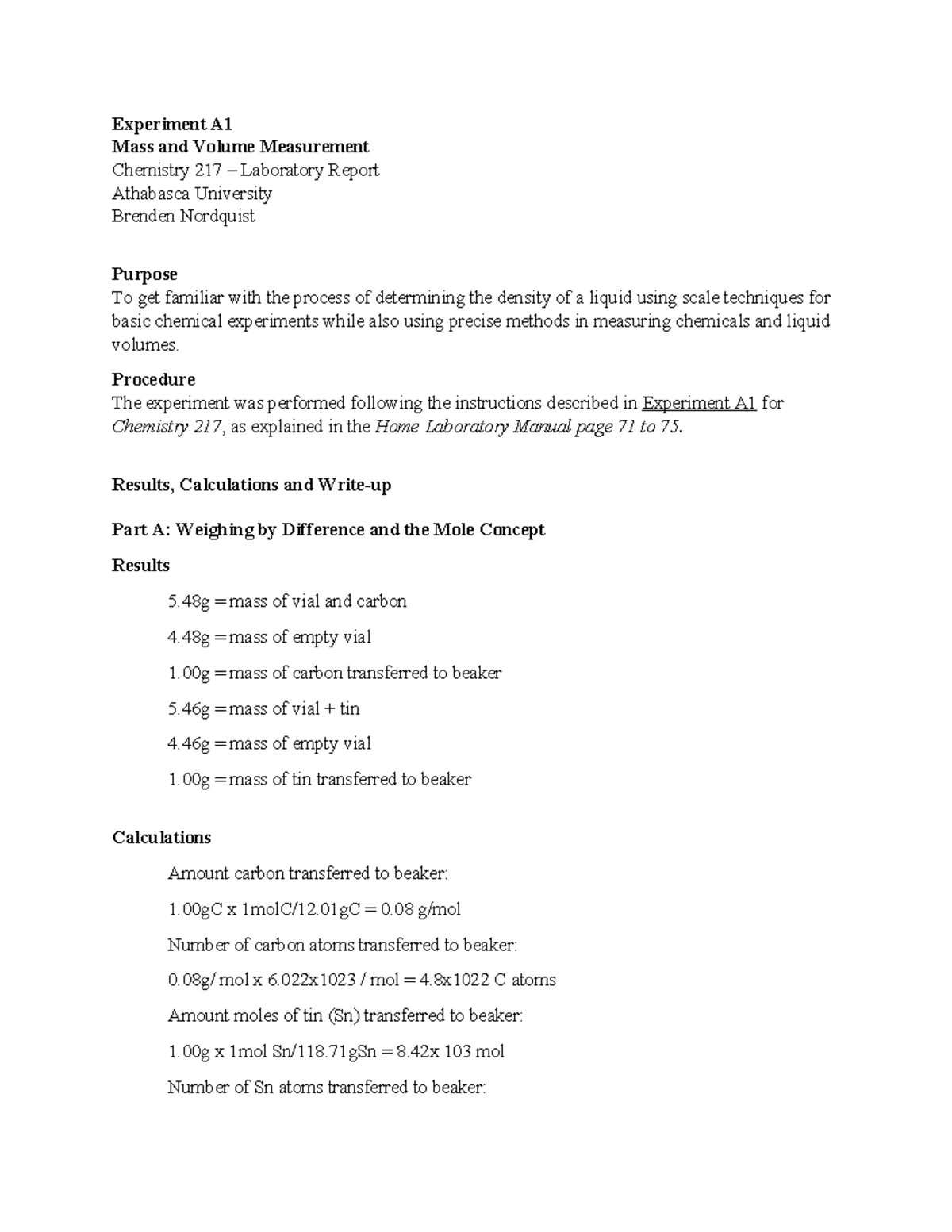 experiment 1 measurement of mass and volume