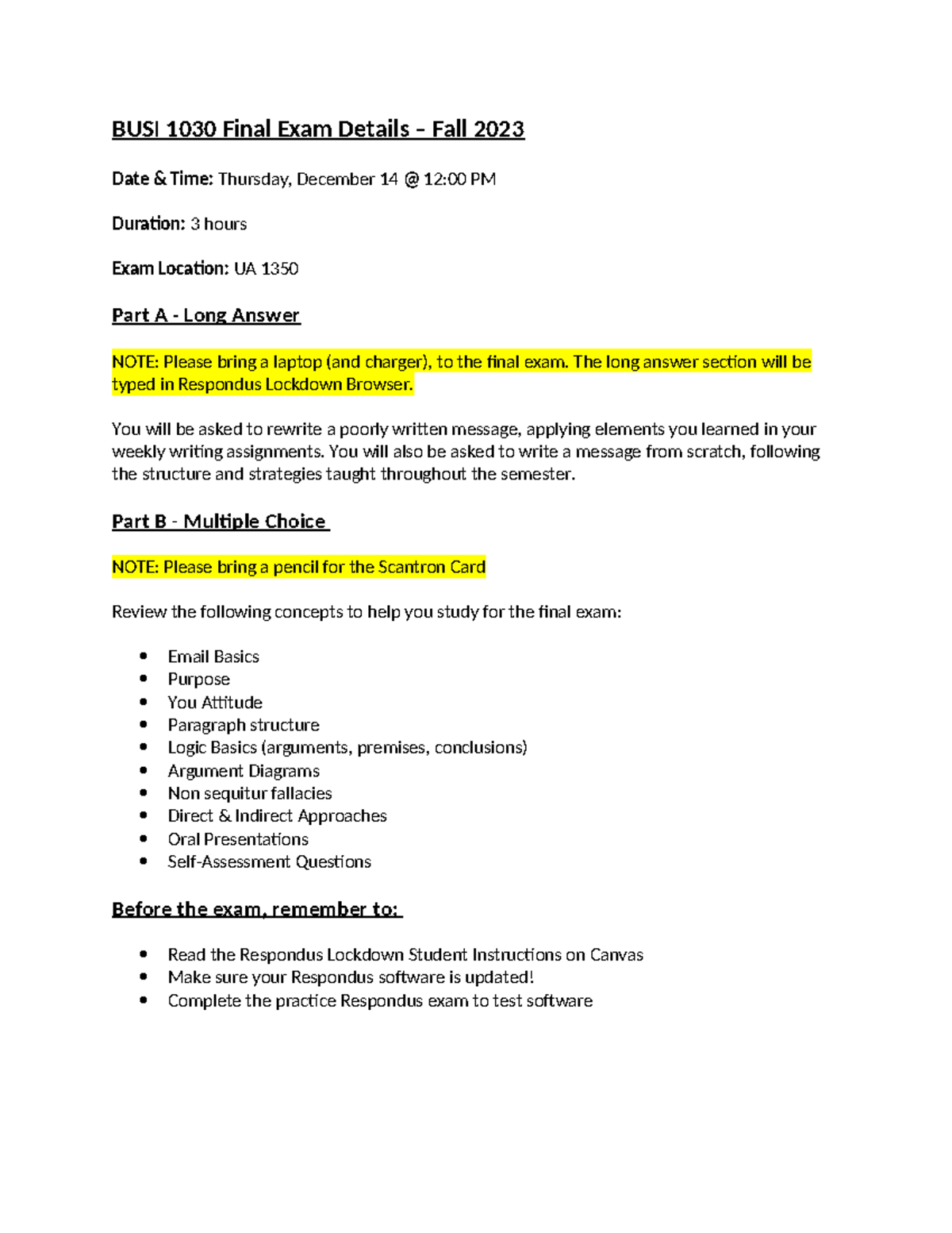 BUSI 1030 Final Exam Details F23 - The long answer section will be ...