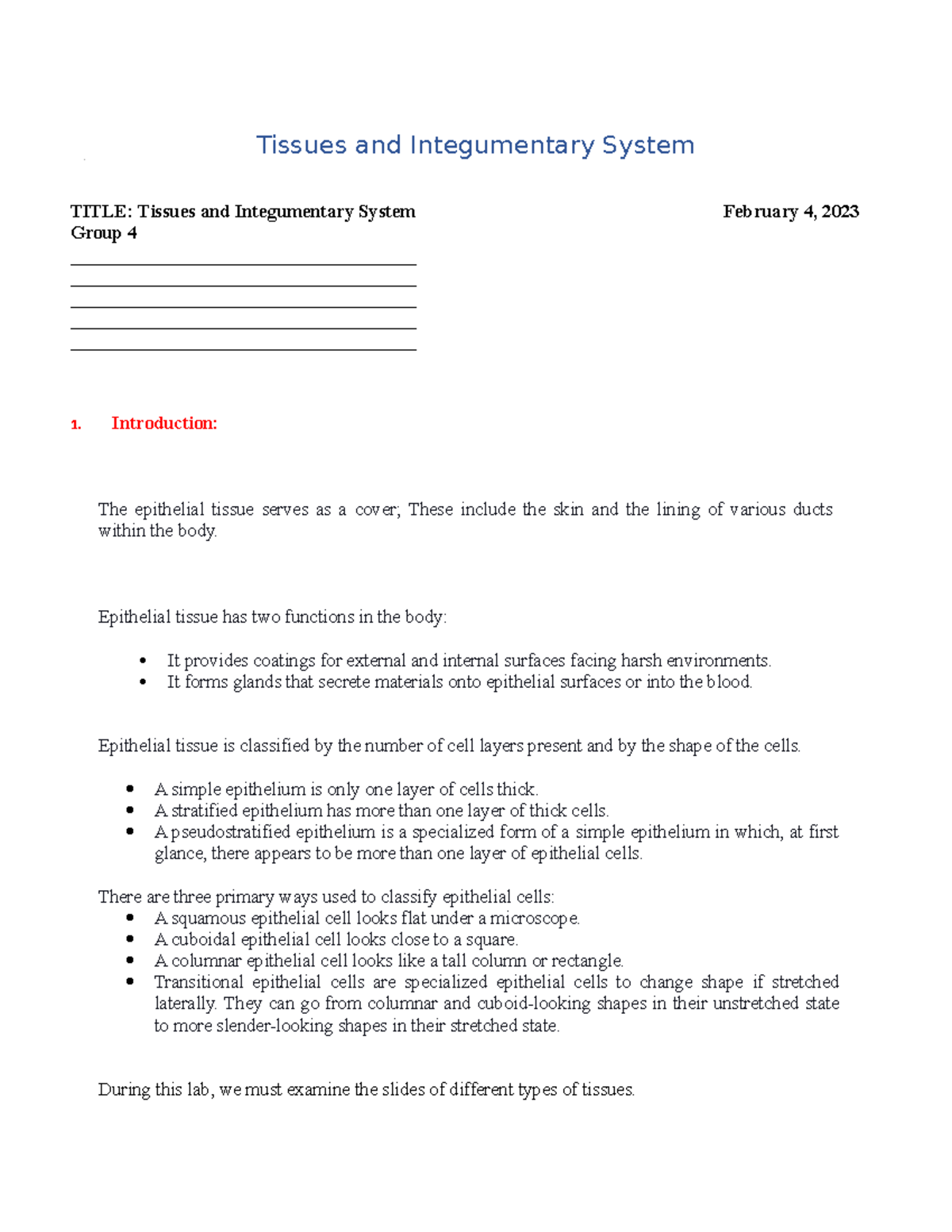 LAB Report Tissues - Tissues and Integumentary System TITLE: Tissues ...