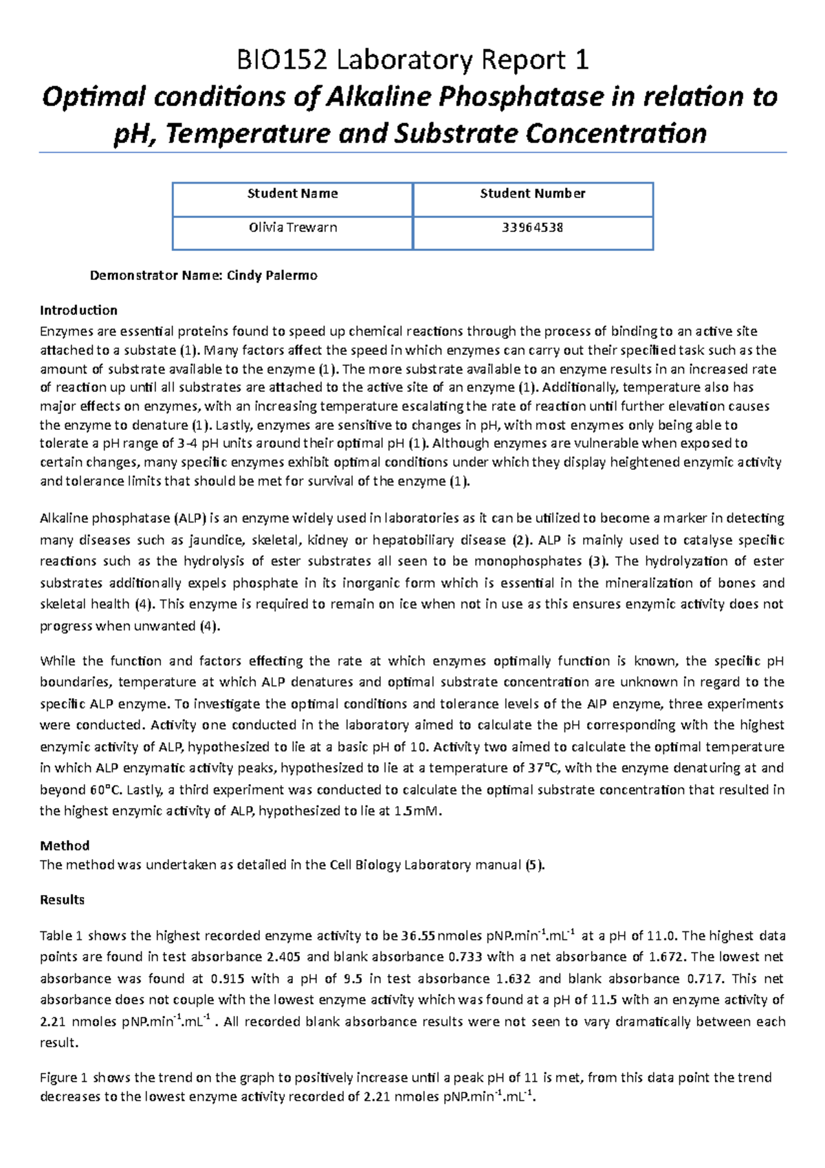 BIO152 2021 Lab report 1 - BIO152 Laboratory Report 1 Optimal ...
