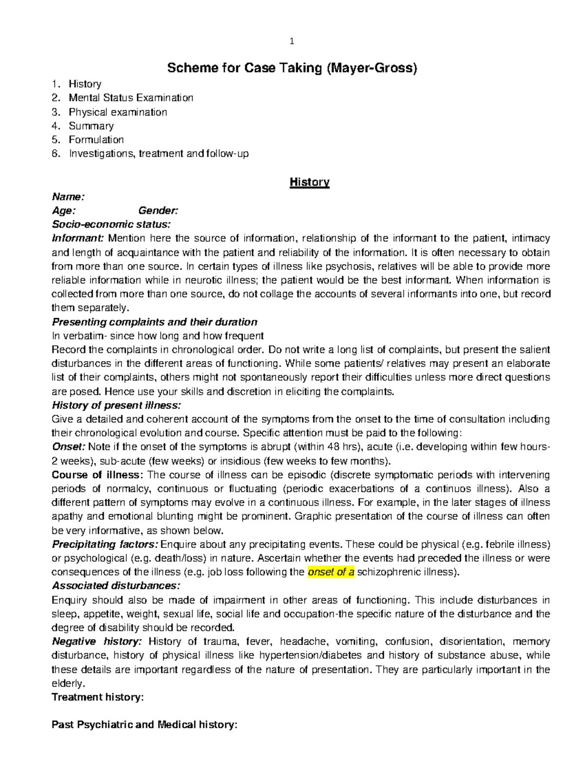 Case History format Mayer Gross Scheme for Case Taking (MayerGross