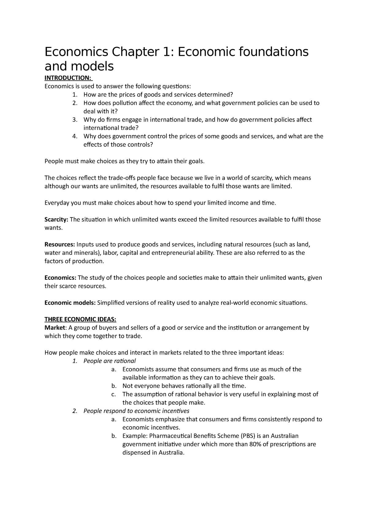 Economics Chapter 1 Weekly Notes For Easy Study Economics Chapter 1