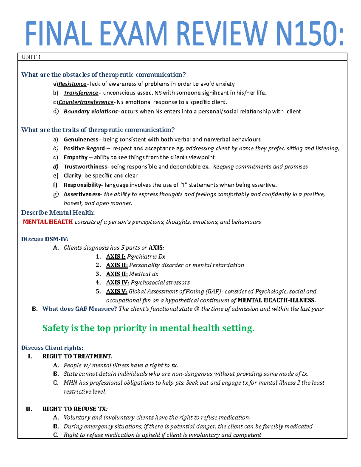 Final Exam Review Sheet 1 Mental Health Nursing - UNIT 1 What Are The ...