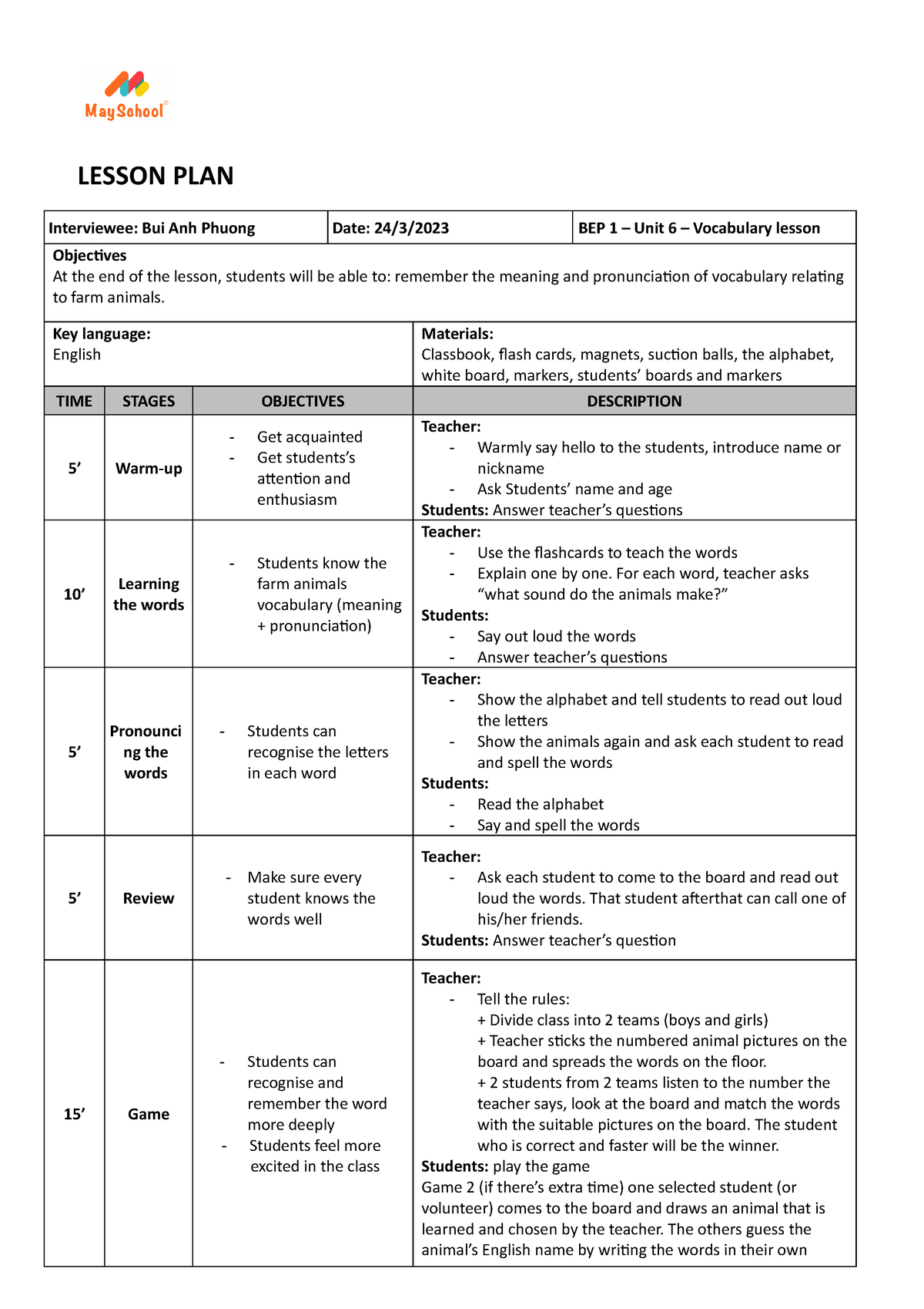 BEP 1 – Unit 6 – Voca B Ulary Lesson - LESSON PLAN Interviewee: Bui Anh ...