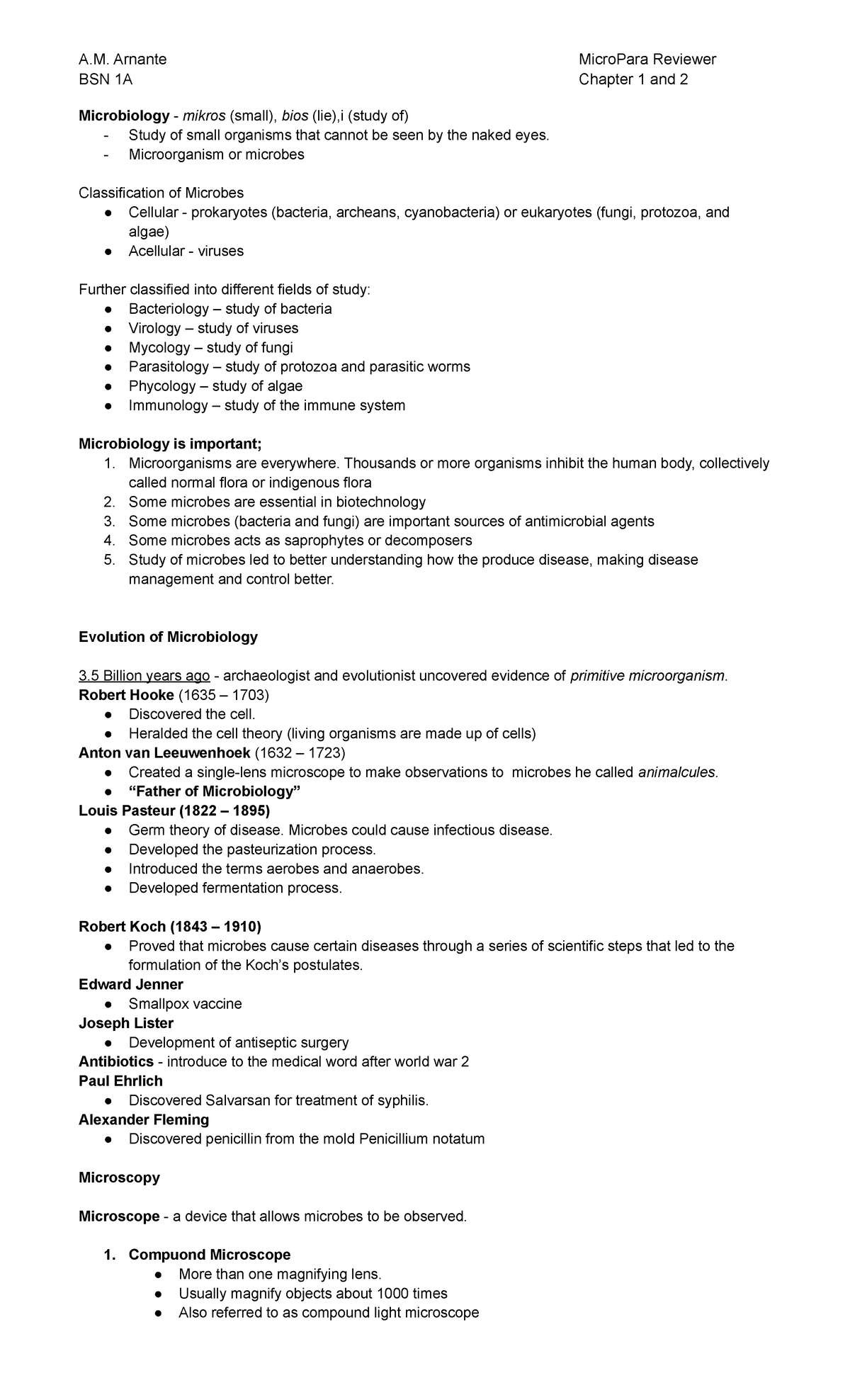 CH 1&2 Micro Para Reviewer - BSN 1A Chapter 1 and 2 Microbiology ...