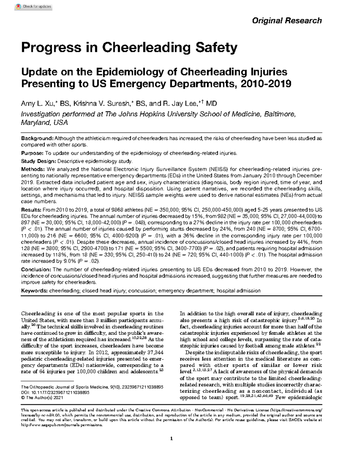 Progress in Cheerleading Safety Original Research Progress in