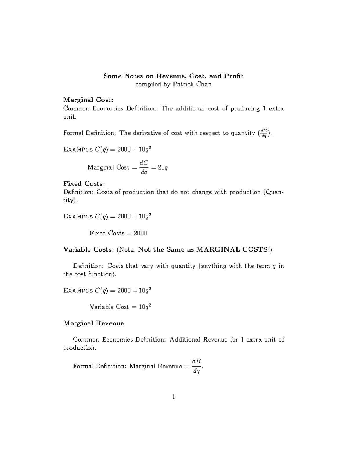 Marginalnotes - Some Notes on Revenue, Cost, and Profit compiled by ...
