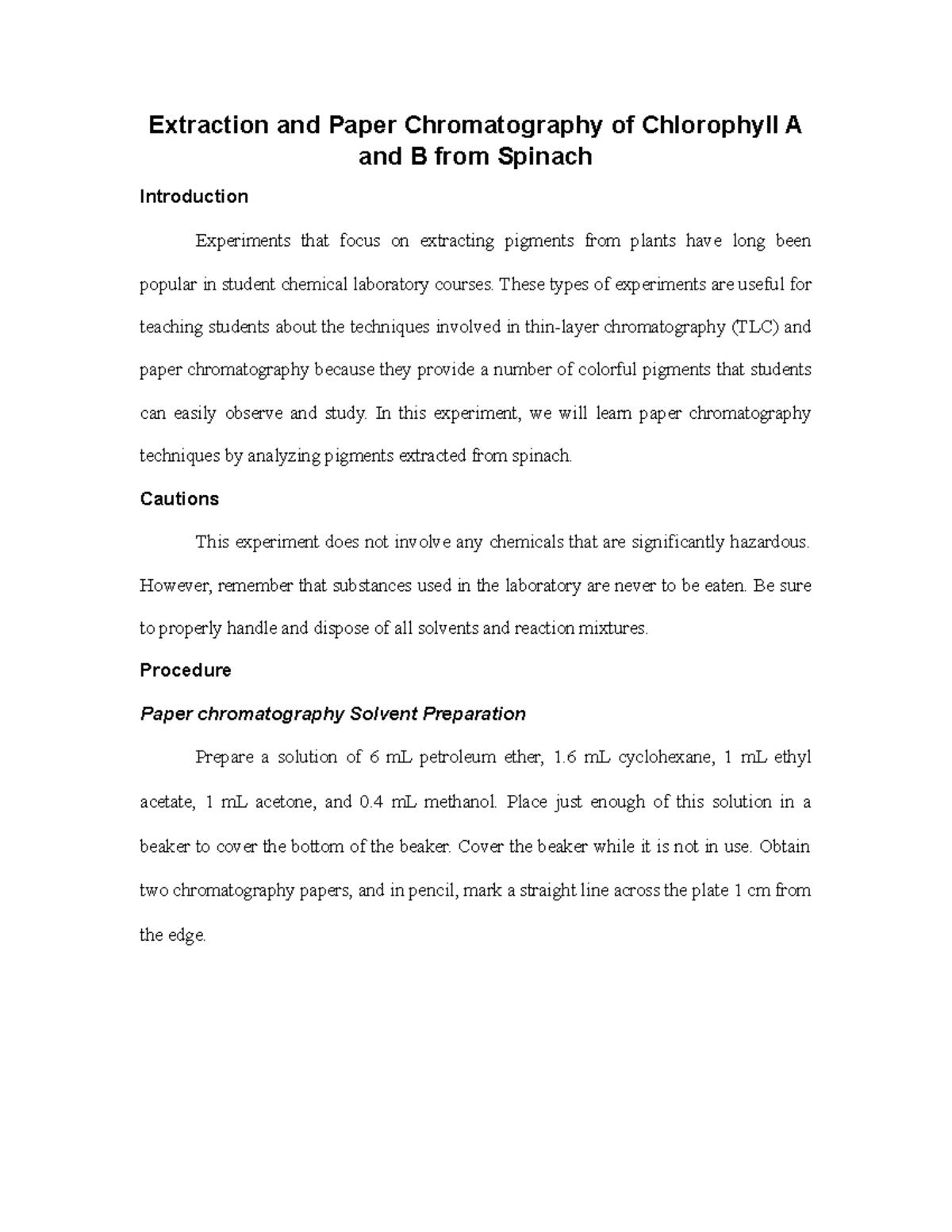 Chlorophyll TLC Organic Chemistry Laboratory II CHEM 3362