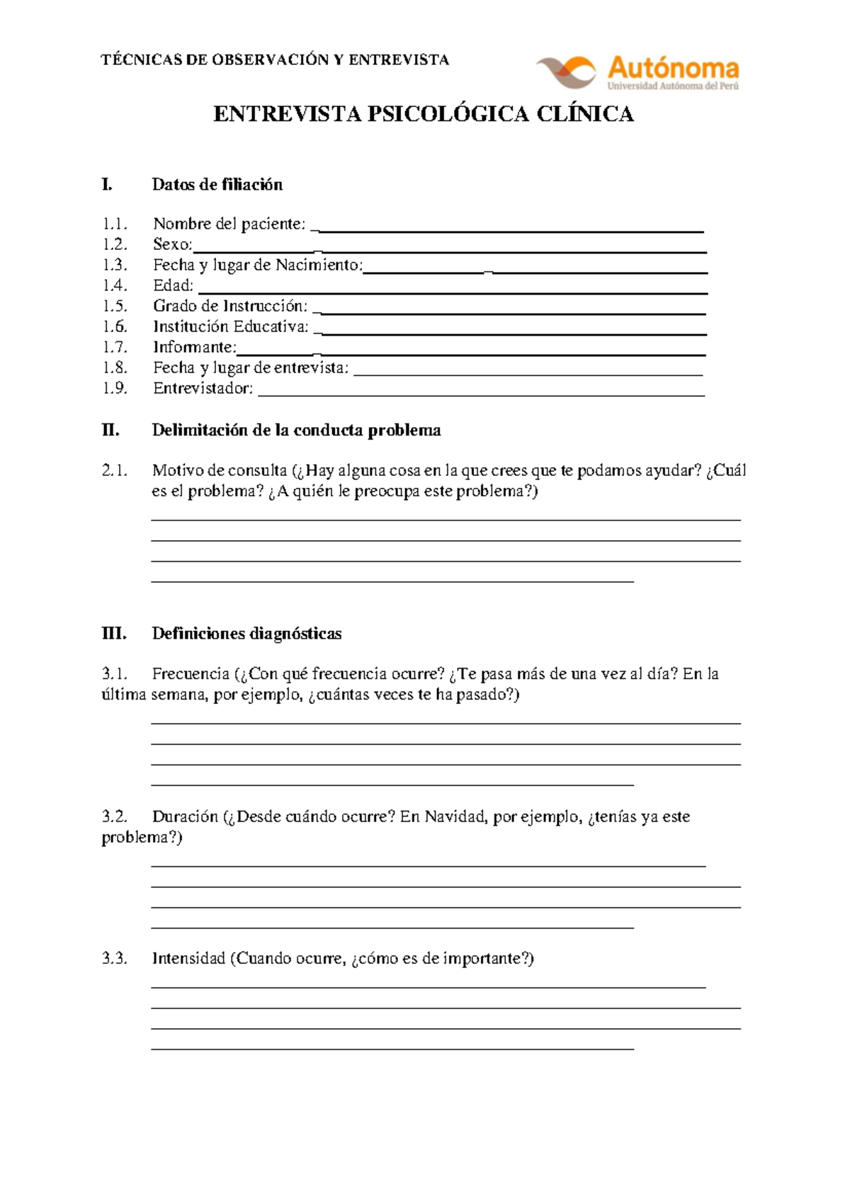 Entrevista Psicológica Clínica - ENTREVISTA PSICOLÓGICA CLÍNICA I ...