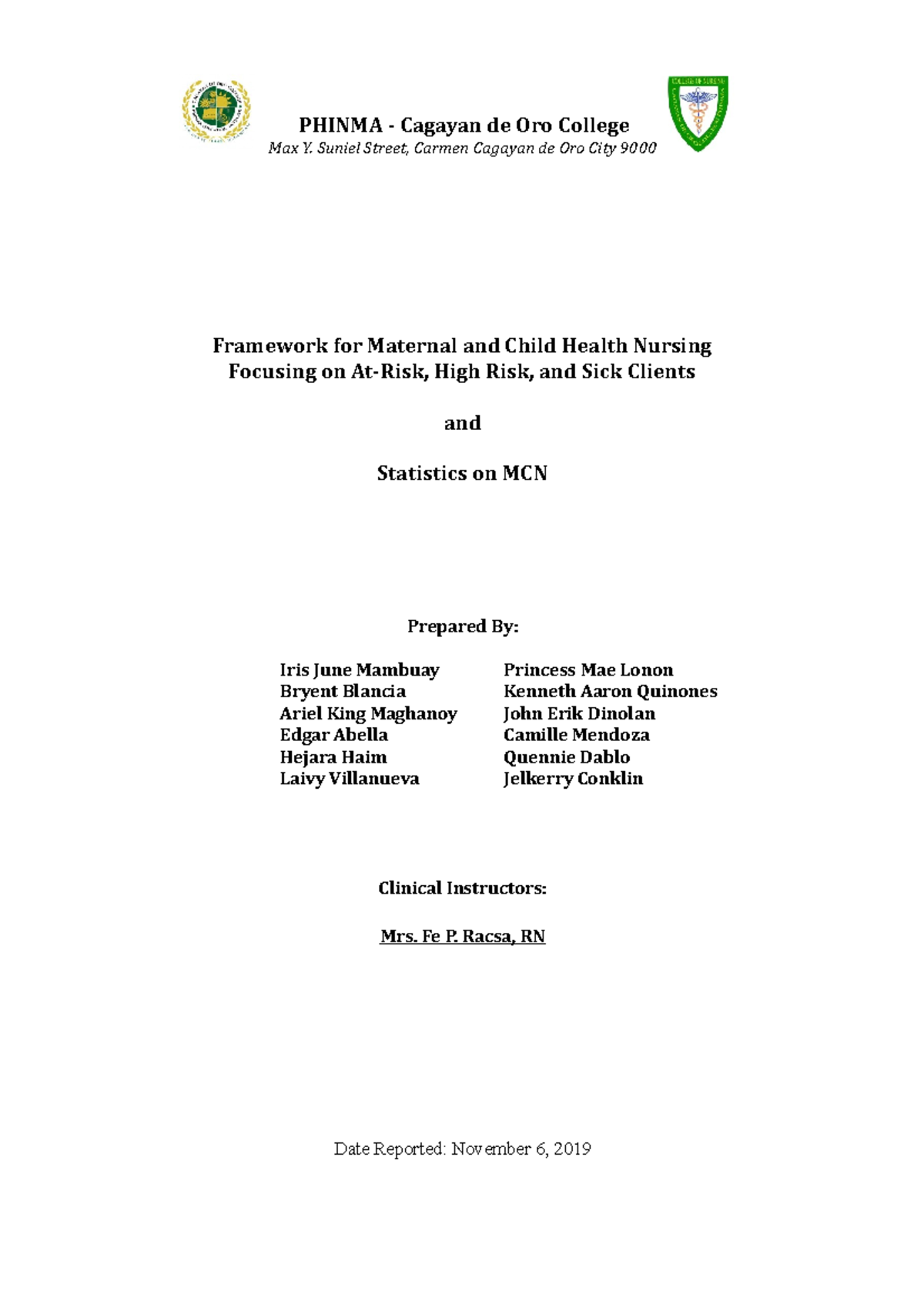 Framework for Maternal and Child Health Nursing PHINMA Cagayan de
