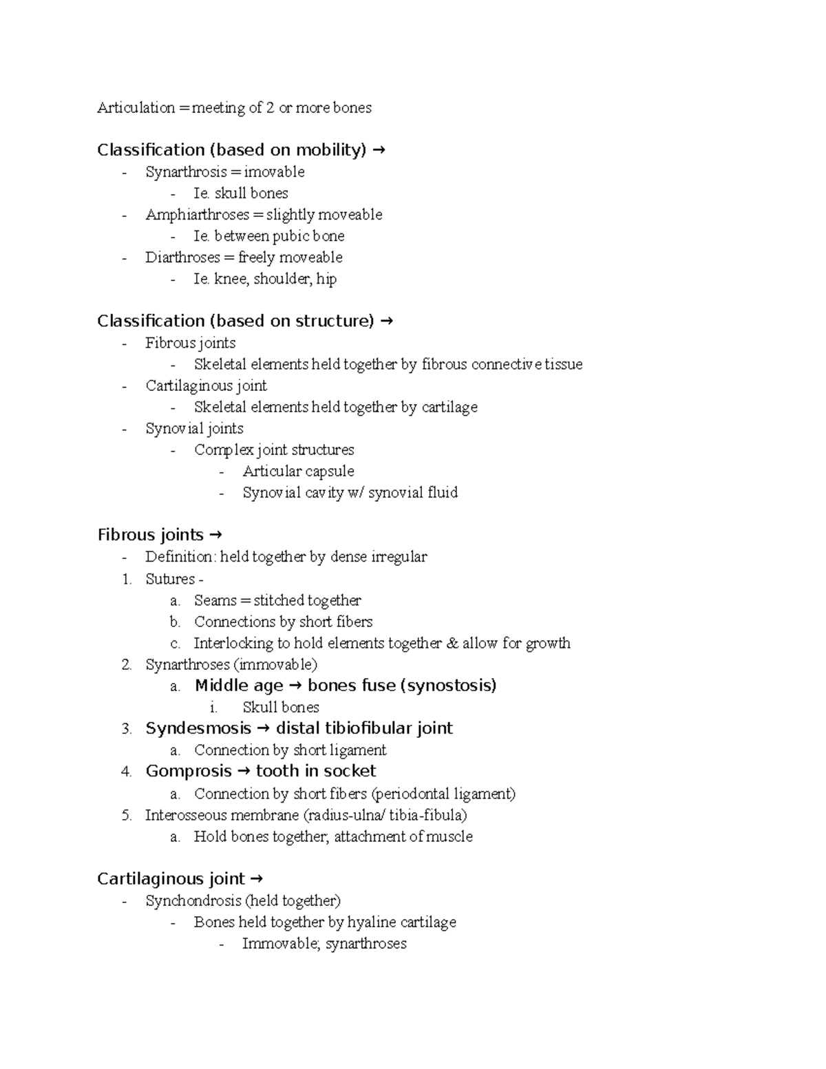 Lecture 5 Articulations Articulation = meeting of 2 or more bones