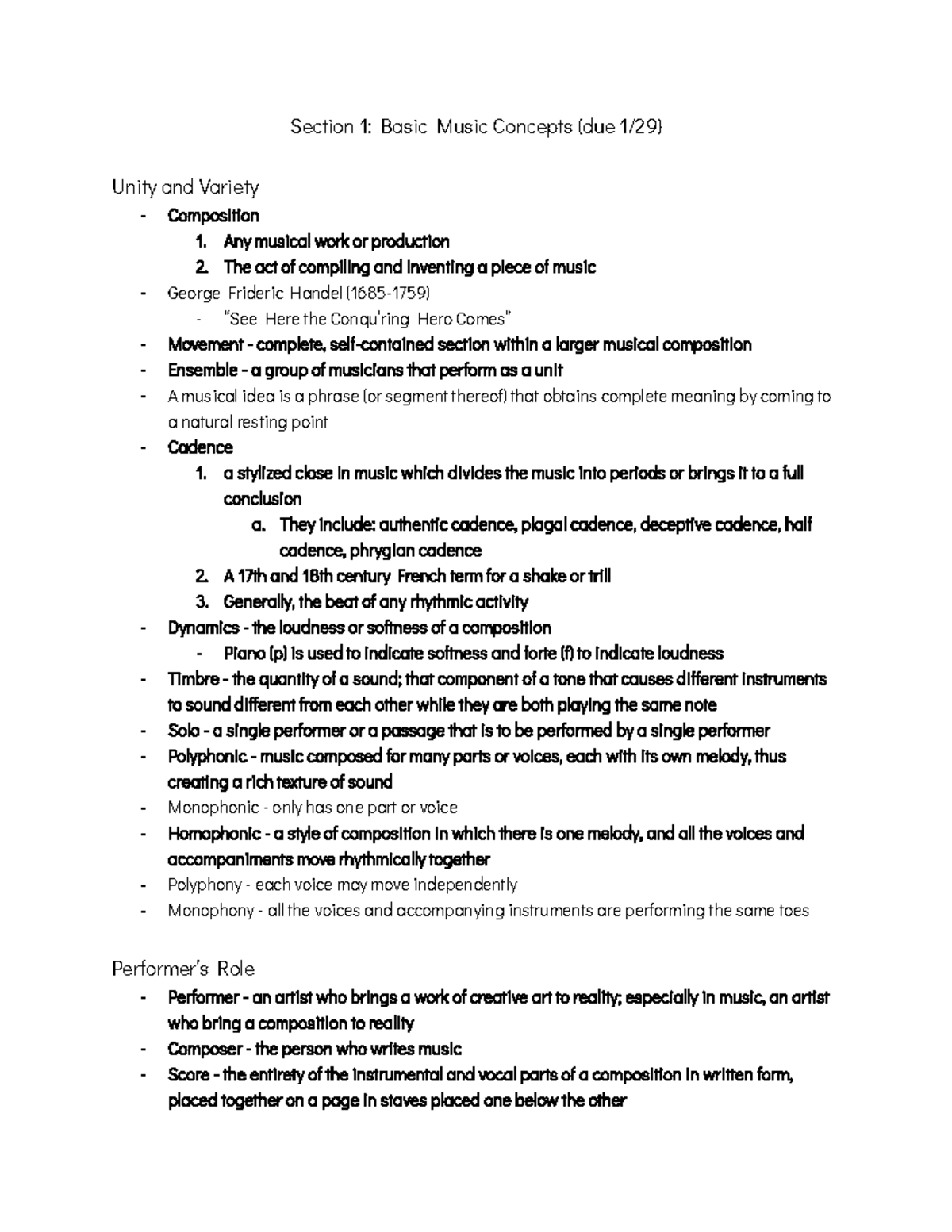 Section 1 Basic Music Concepts - Section 1: Basic Music Concepts (due 1