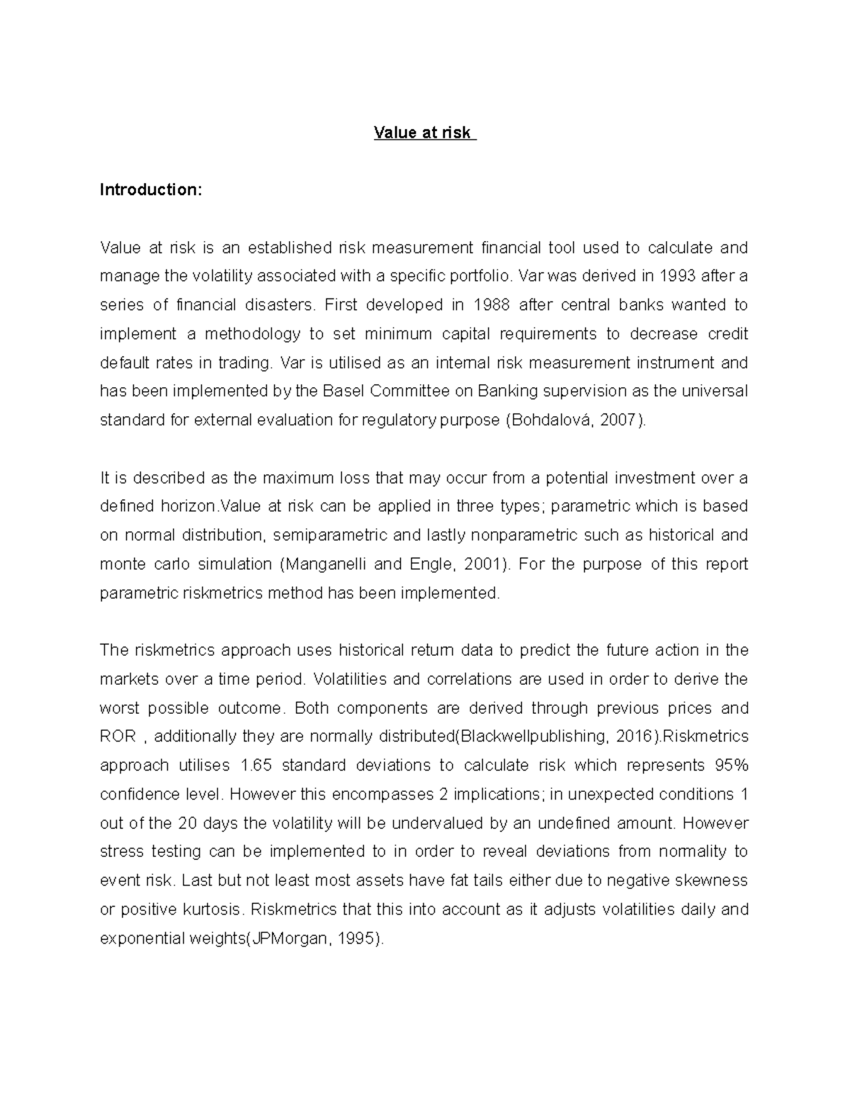 Value at risk - assignment 1 - Value at risk Introduction: Value at ...