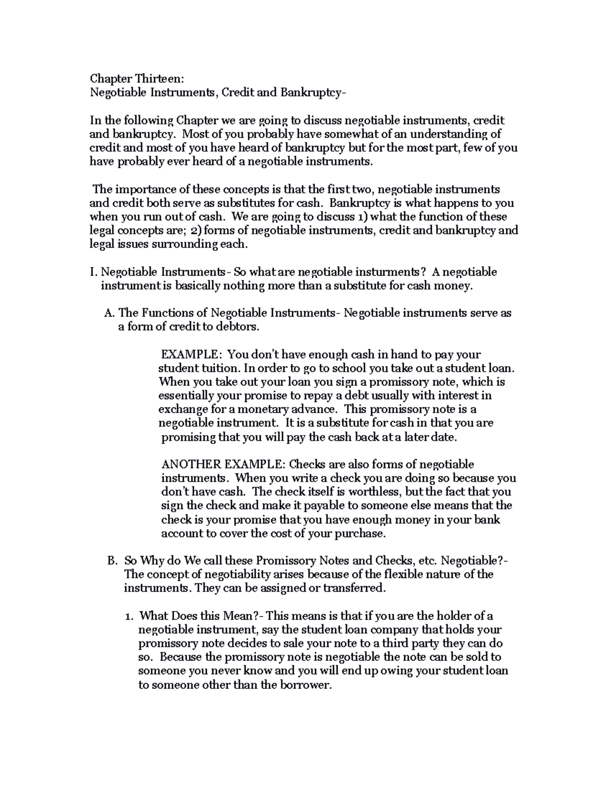 Chpt Thirteen Lecutre Notes - Chapter Thirteen: Negotiable Instruments ...