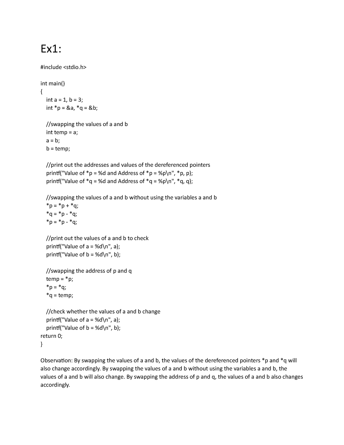 It1016 Assignment - Ex1: #include Int Main() { Int A = 1, B = 3; Int *p ...