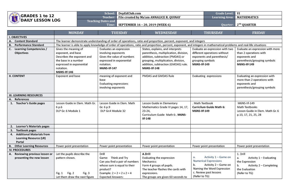 DLL Mathematics 6 Q2 W6 - DAILY LESSON LOG - GRADES 1 to 12 DAILY ...