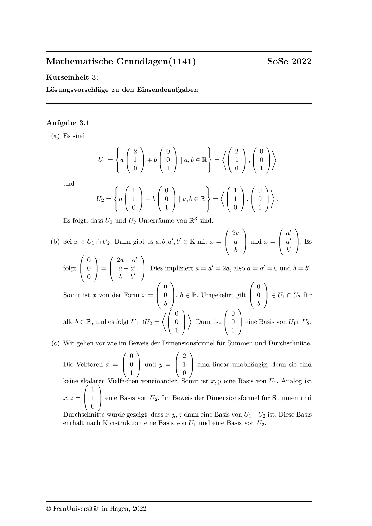 Muster 3 - Lösungsvorschläge Zu Den Einsendeaufgaben - Mathematische ...