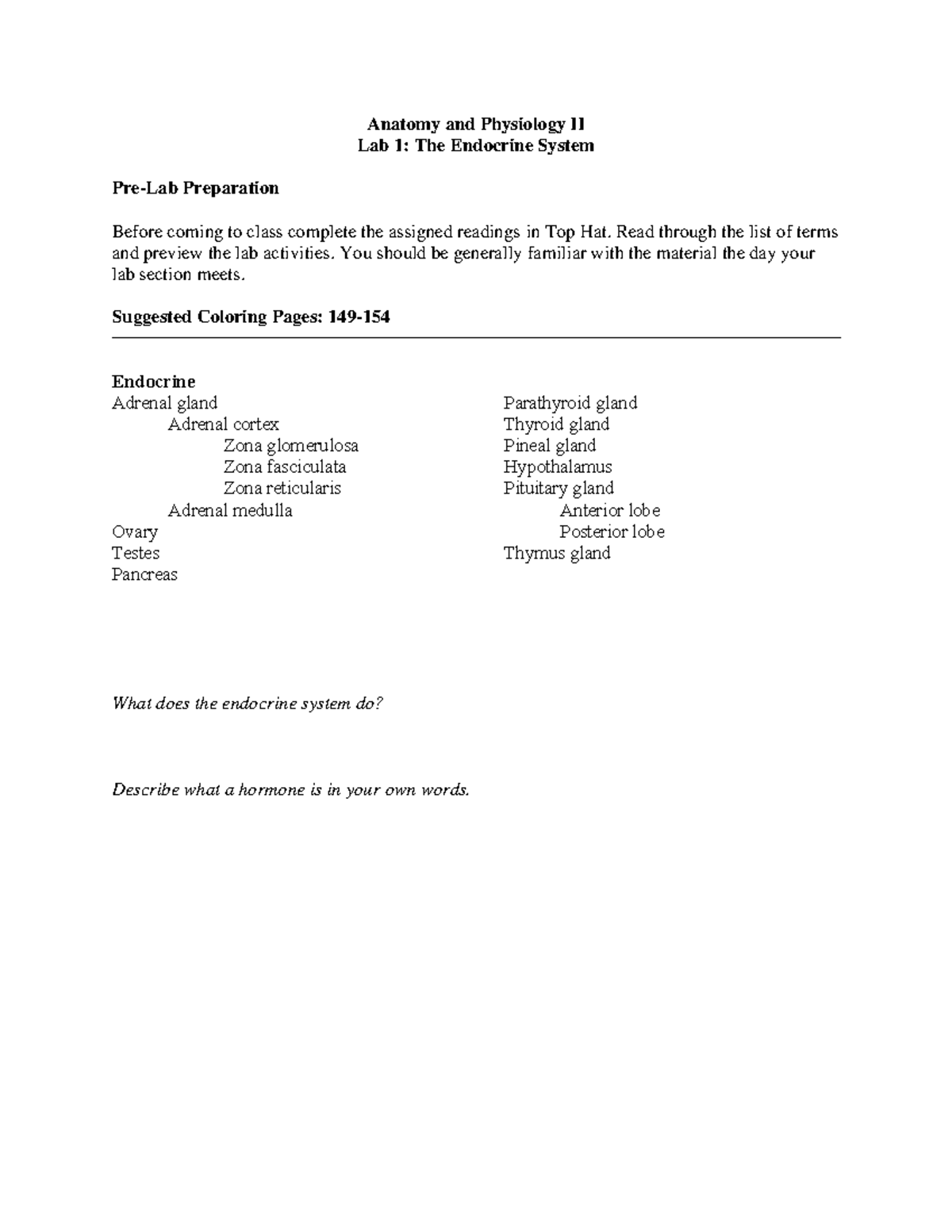 Lab 1 Packet Endocrine System Anatomy and Physiology II Lab 1 The