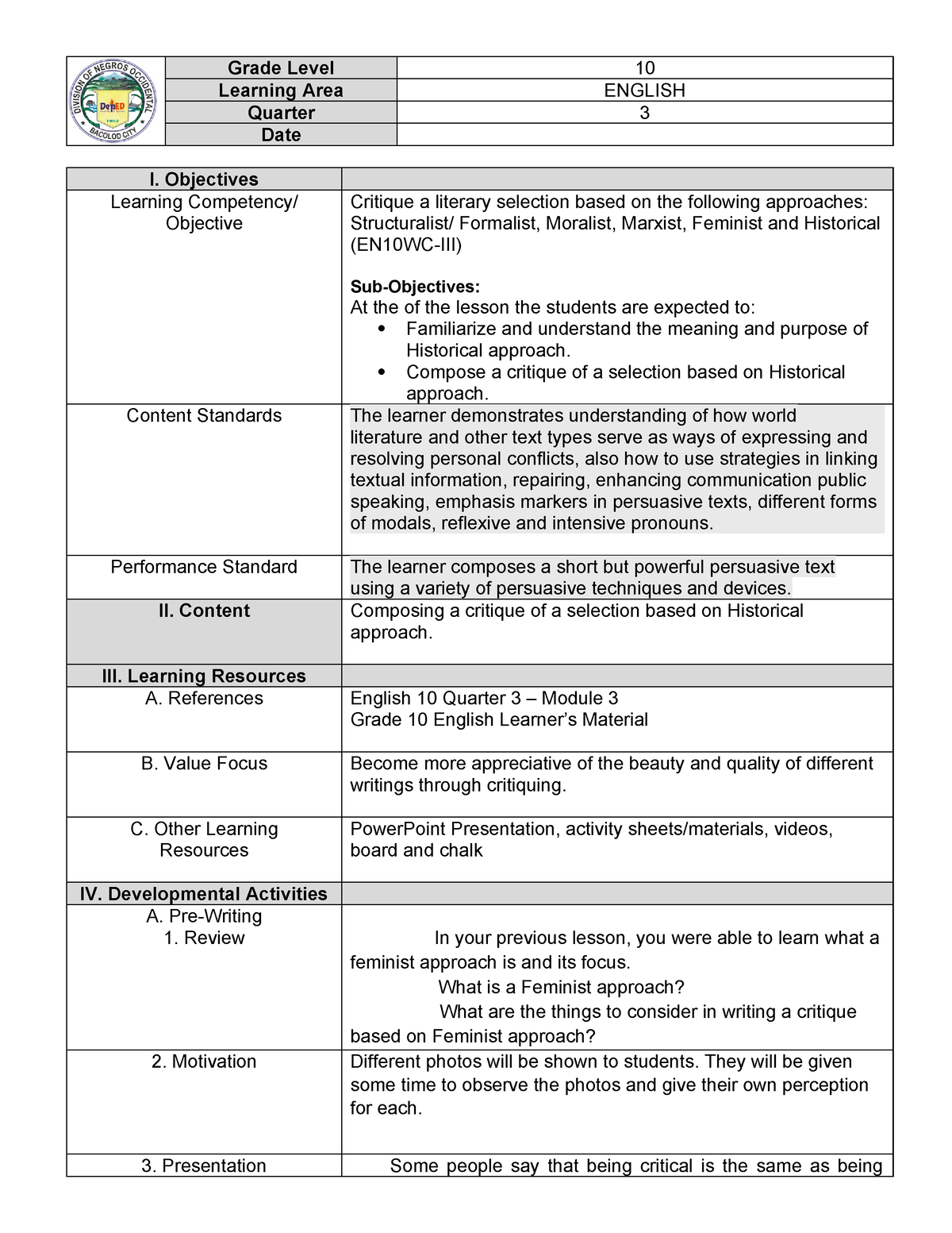 DLP Q4 MELC4 -4 - LESSON PLAN - Grade Level 10 Learning Area ENGLISH ...