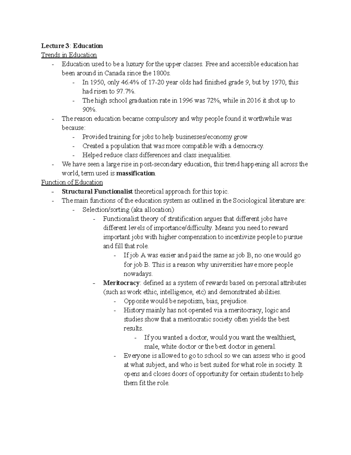 SOC100 Lecture 3 Notes - Lecture 3: Education Trends in Education ...