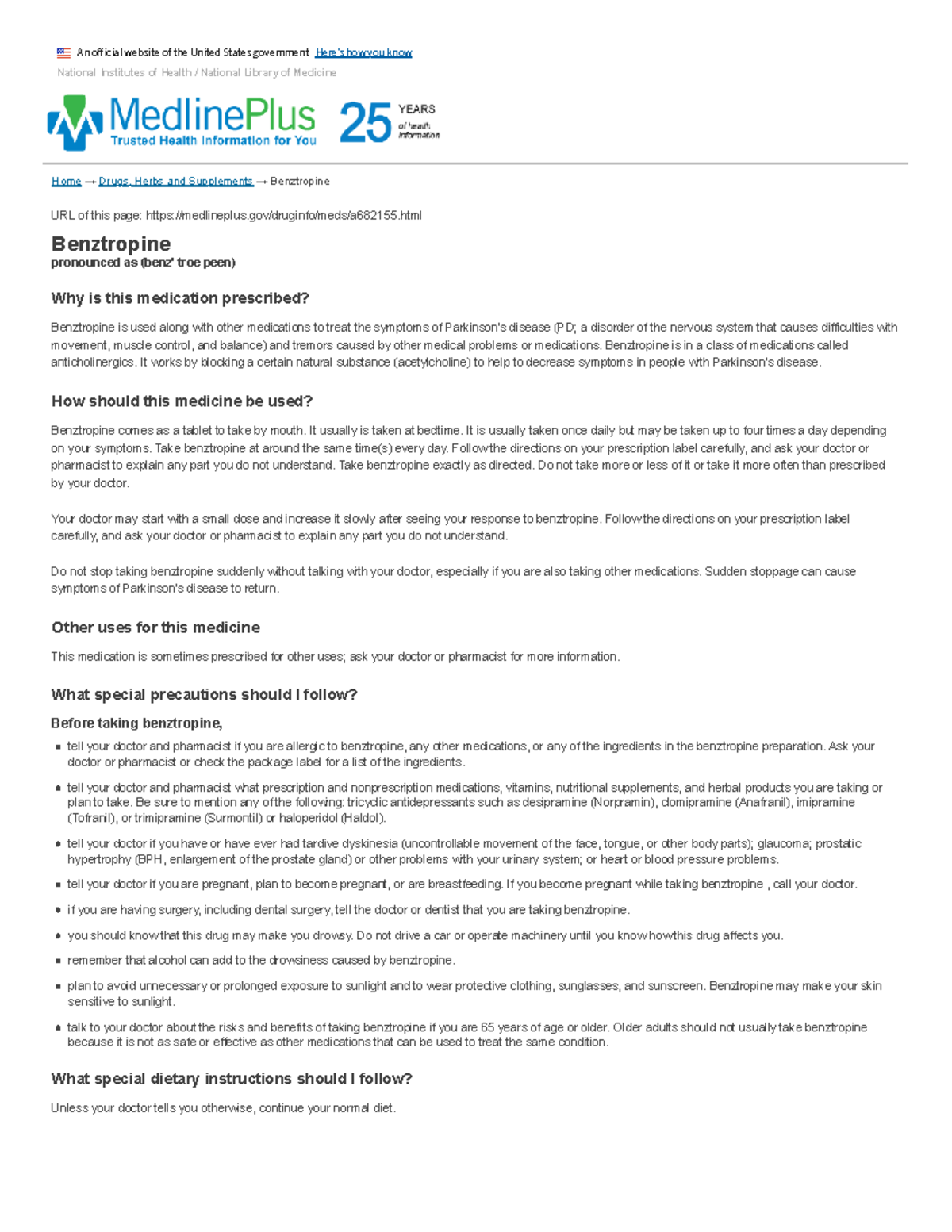 Benztropine Medline Plus Drug Information Home → Drugs, Herbs and