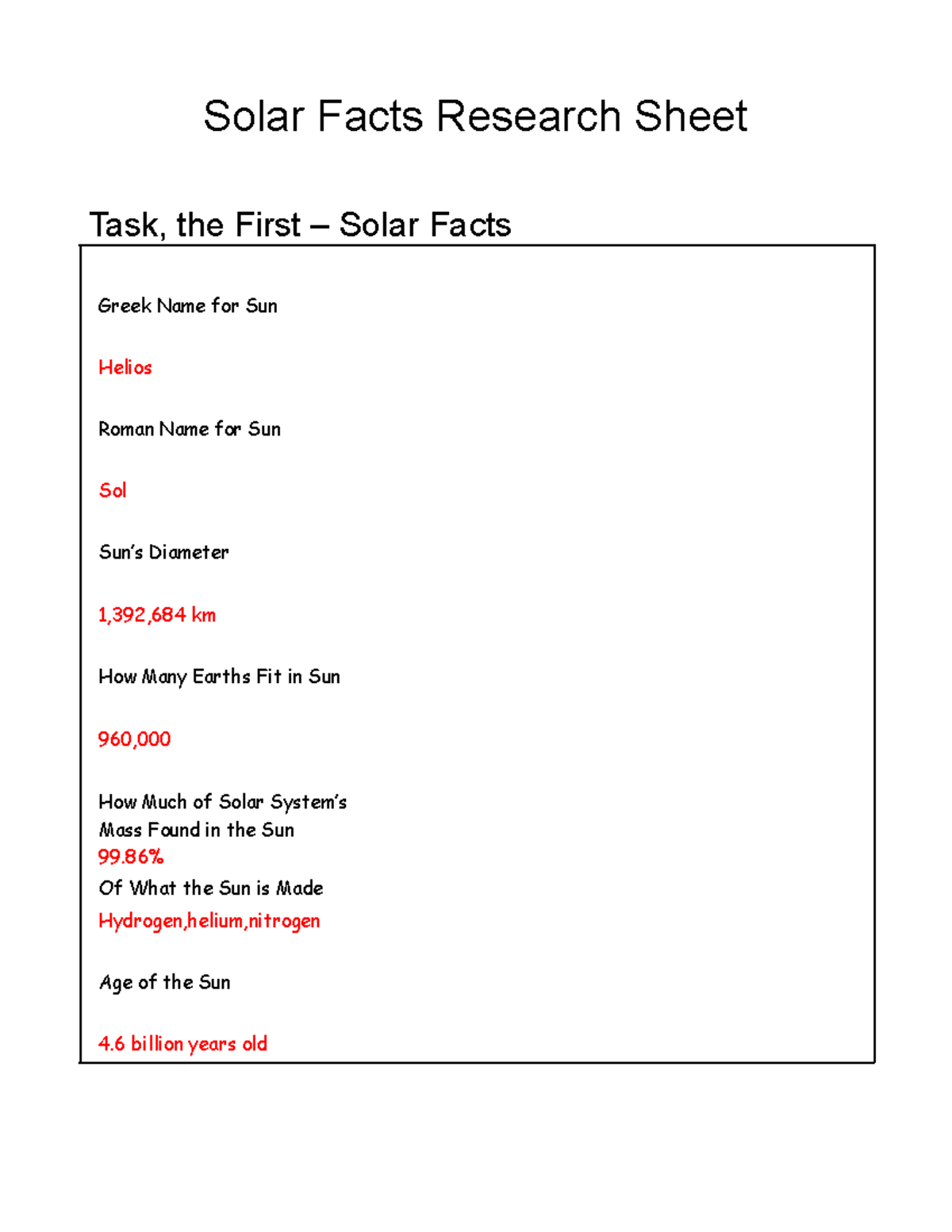 Geology 24 25 Solar Facts Research Sheet - Solar Facts Research Sheet ...