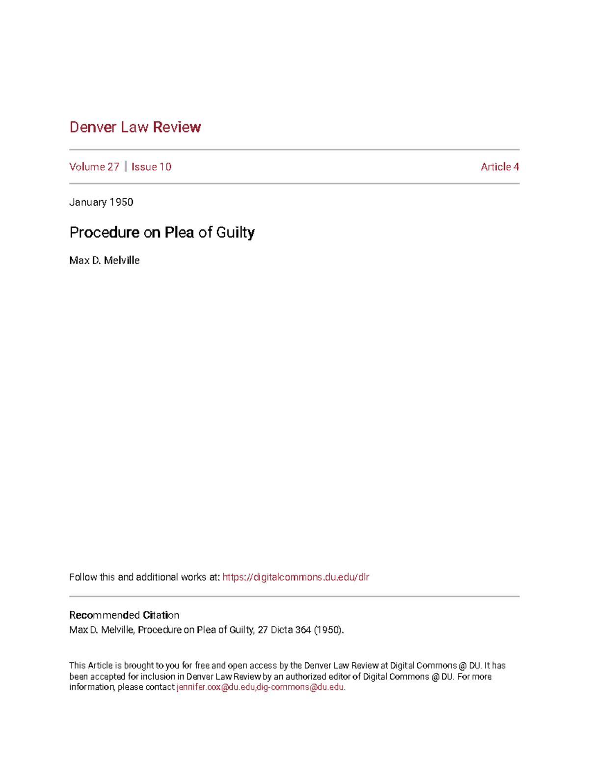 Procedure on Plea of Guilty - Denver Law ReviewDenver Law Review Volume ...
