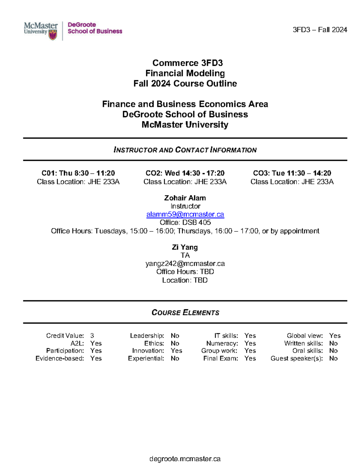 Course Outline 3FD3 Fall2024 - Commerce 3FD Financial Modeling Fall ...