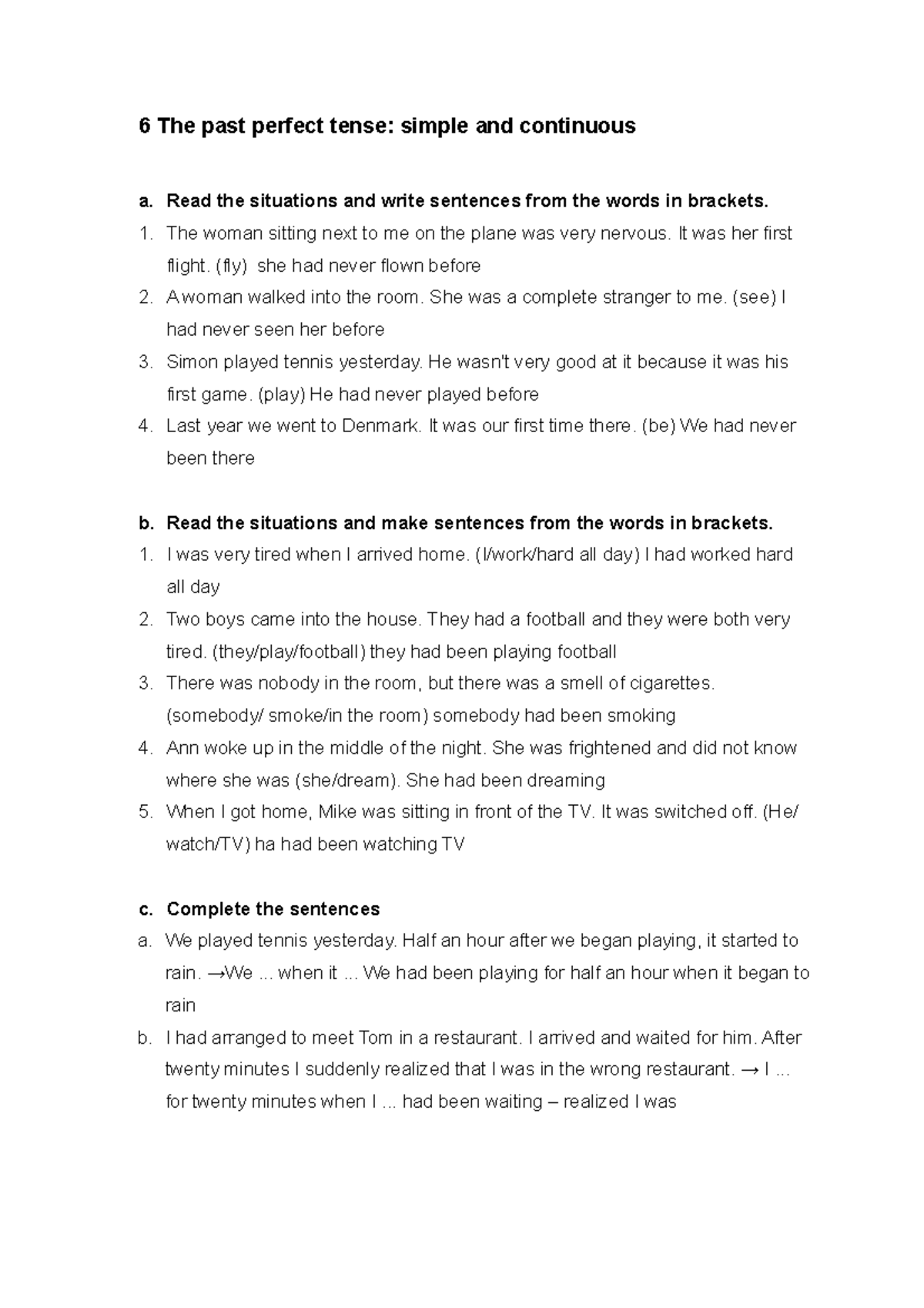 Engels 1 Oplossingen Oefeningen Pastperfect Tense 6 The Past Perfect